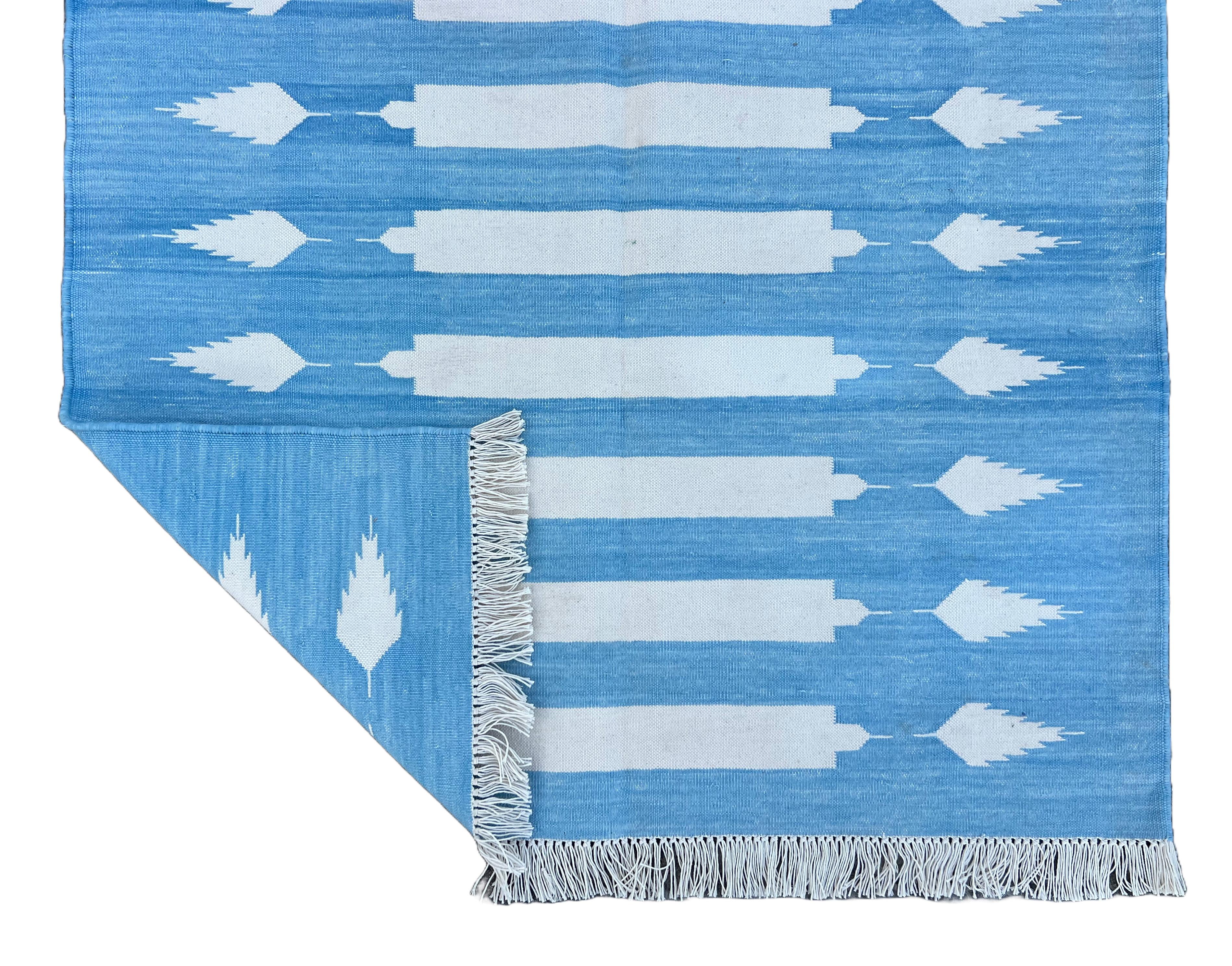Handmade Cotton Area Flat Weave Rug, 3x5 Blue And White Striped Indian Dhurrie For Sale 3