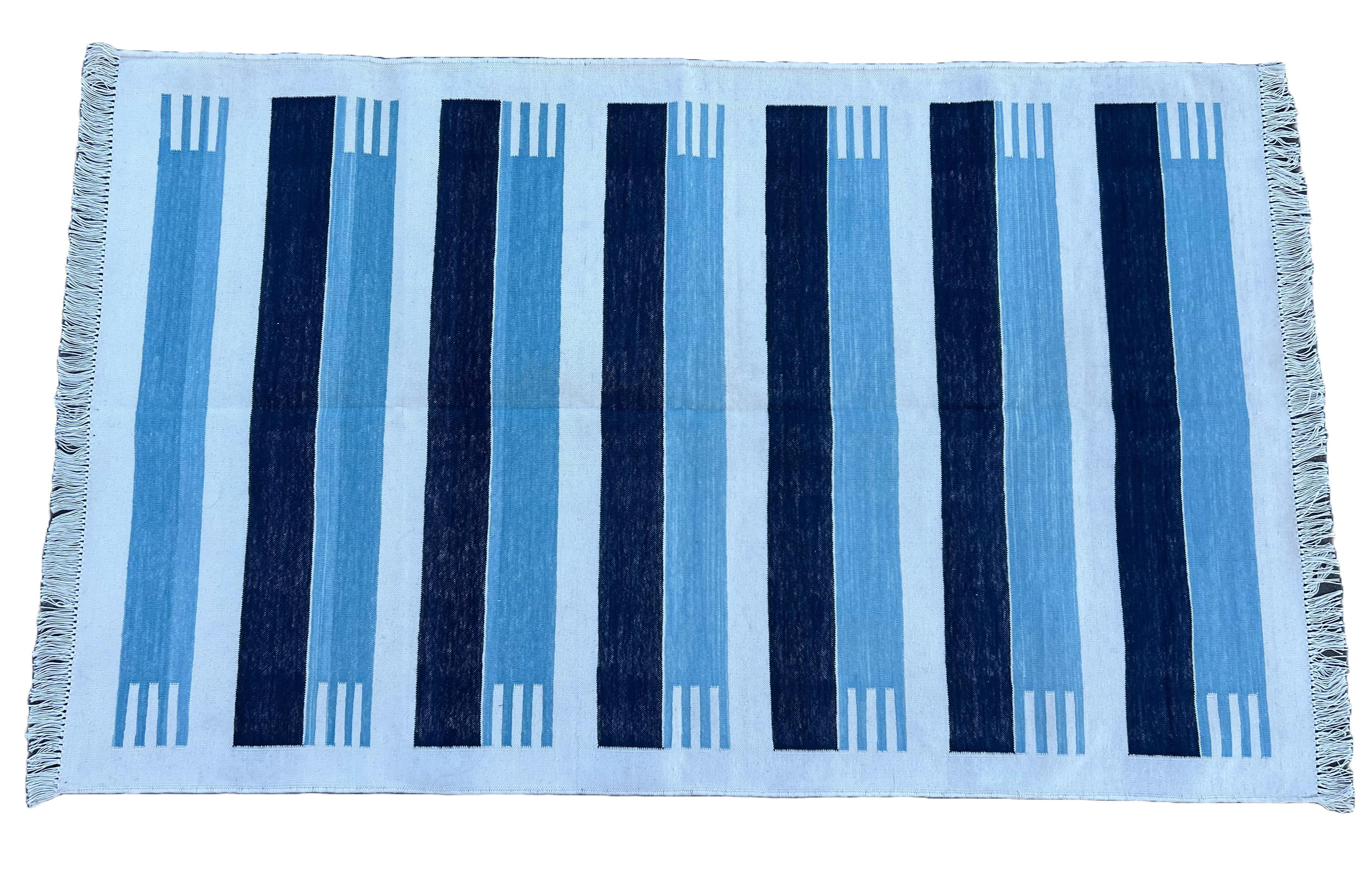 Handmade Cotton Area Flat Weave Rug, 3x5 Blue And White Striped Indian Dhurrie For Sale 3