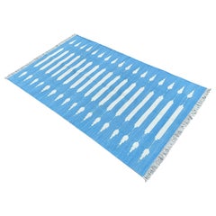 Handmade Cotton Area Flat Weave Rug, 3x5 Blue And White Striped Indian Dhurrie
