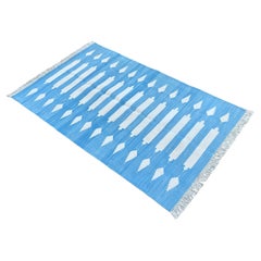 Handmade Cotton Area Flat Weave Rug, 3x5 Blue And White Striped Indian Dhurrie