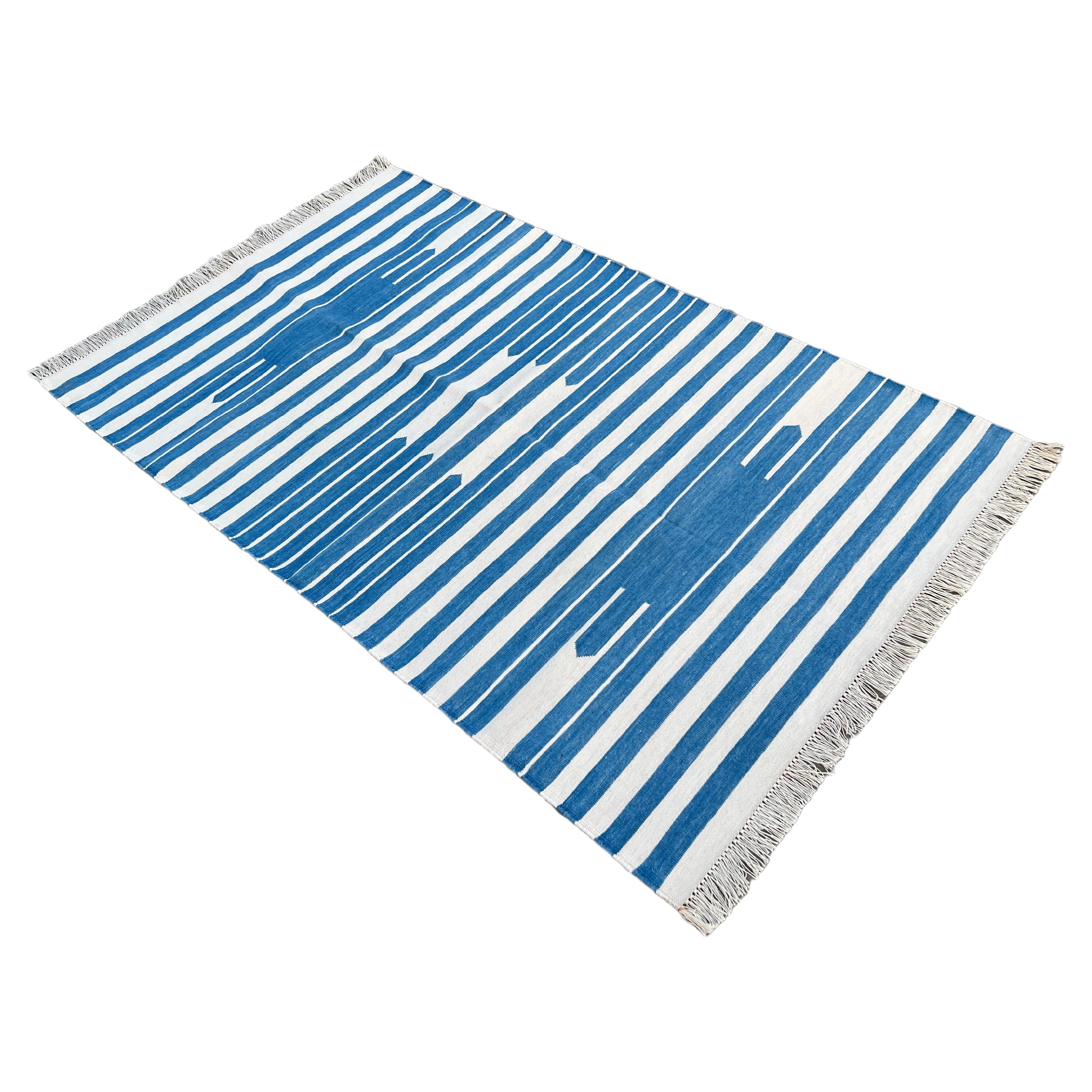 Handmade Cotton Area Flat Weave Rug, 3'x5' Blue And White Striped Indian Dhurrie For Sale