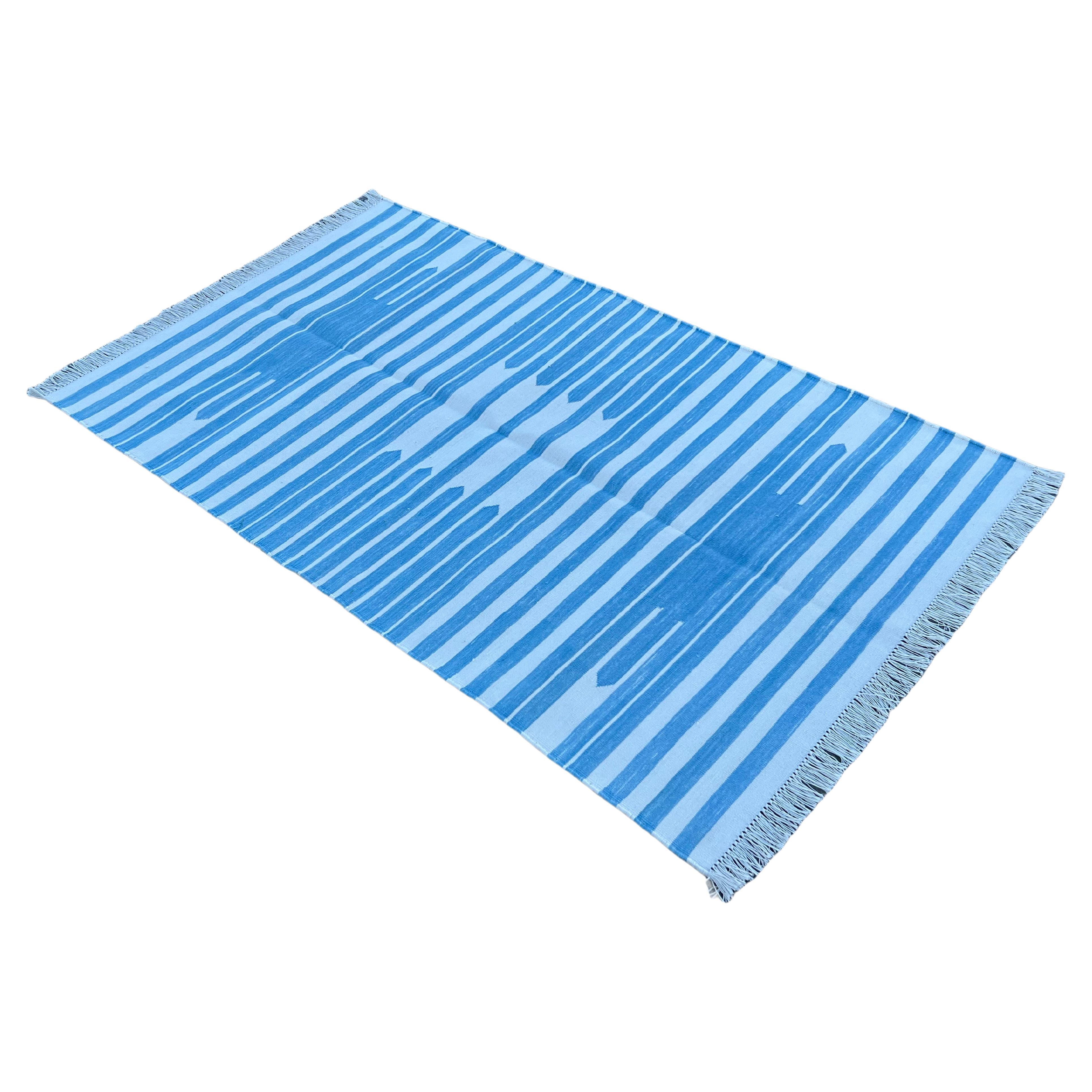 Handmade Cotton Area Flat Weave Rug, 3x5 Blue And White Striped Indian Dhurrie