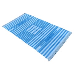 Handmade Cotton Area Flat Weave Rug, 3x5 Blue And White Striped Indian Dhurrie