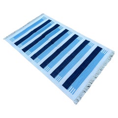 Alfombra de algodón hecha a mano de tejido plano, 3x5 Dhurrie india a rayas azules y blancas