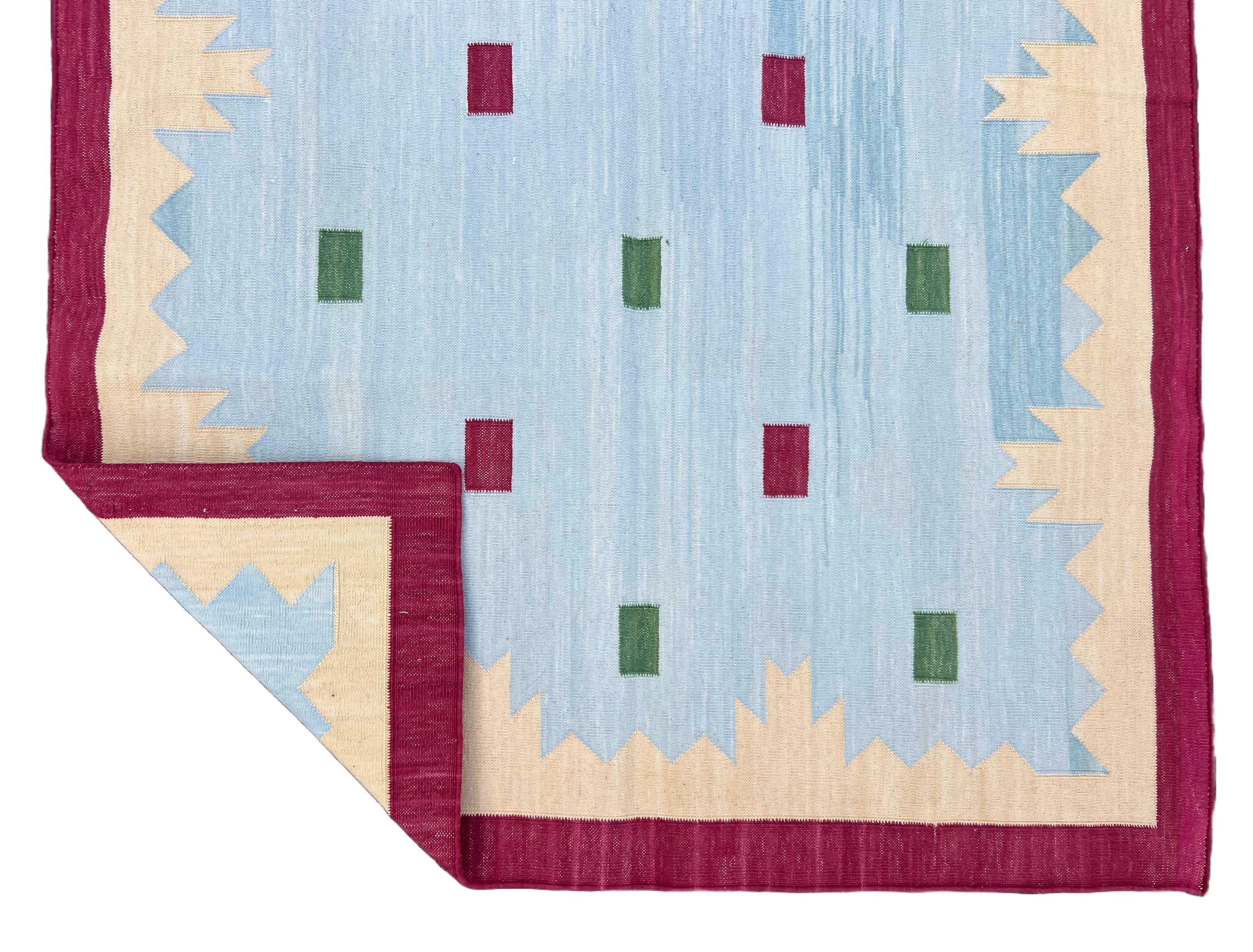 Cotton Natural Vegetable Dyed Blue, Cream And Raspberry Pink Indian Rug-3'x5' (90x150cm)
These special flat-weave dhurries are hand-woven with 15 ply 100% cotton yarn. Due to the special manufacturing techniques used to create our rugs, the size and