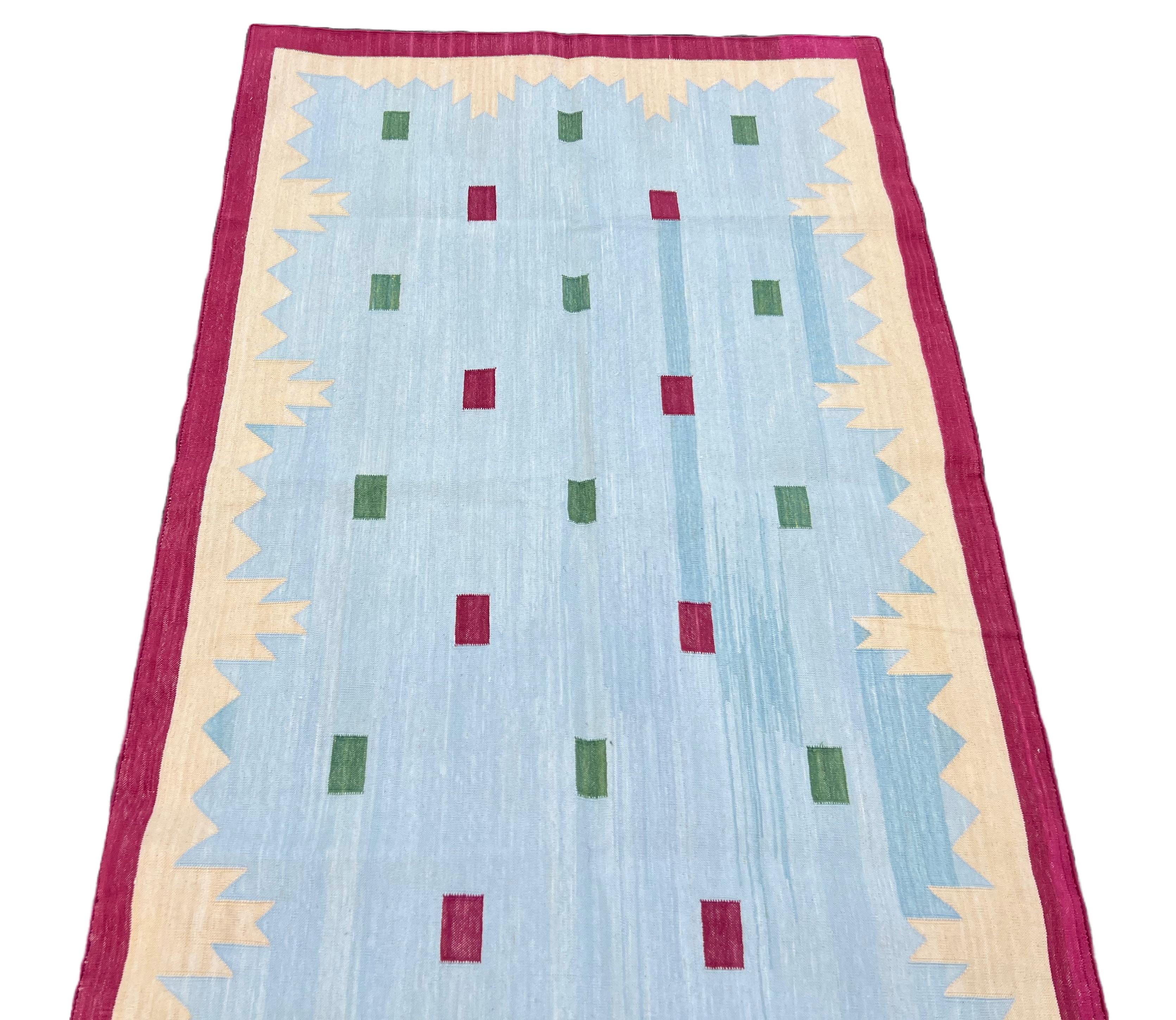 Hand-Woven Handmade Cotton Area Flat Weave Rug, 3x5 Blue Pink Geometric Star Indian Dhurrie For Sale