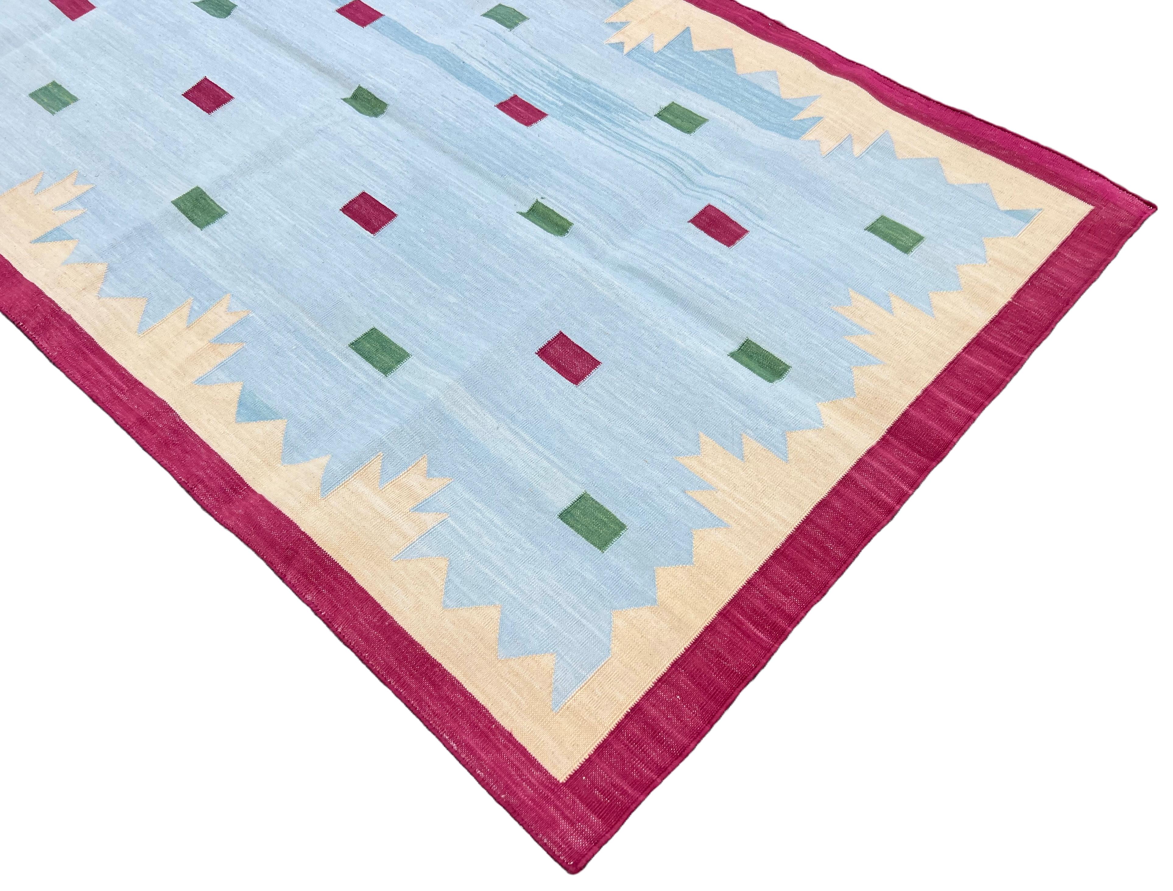 Handmade Cotton Area Flat Weave Rug, 3x5 Blue Pink Geometric Star Indian Dhurrie For Sale 1