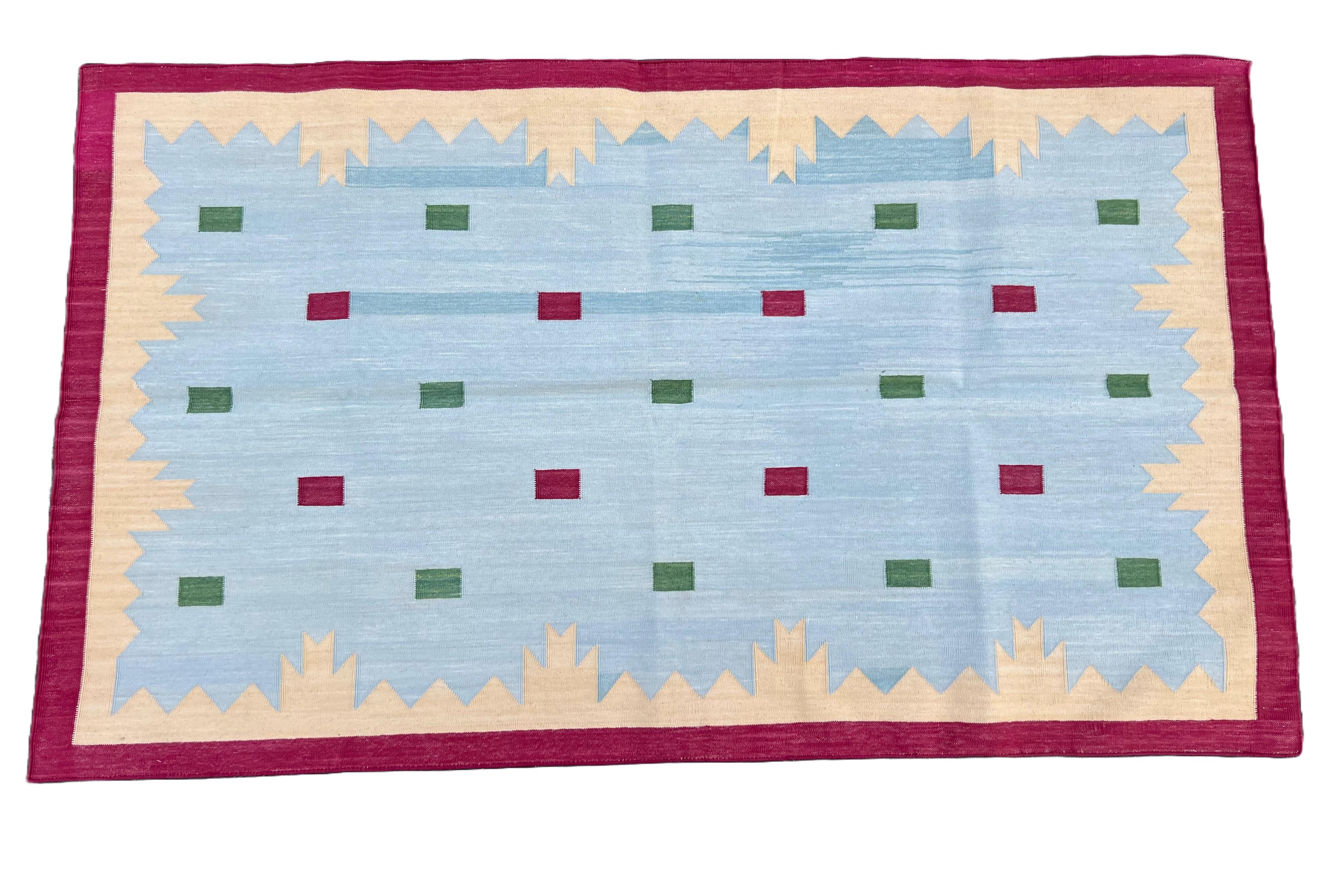 Handmade Cotton Area Flat Weave Rug, 3x5 Blue Pink Geometric Star Indian Dhurrie For Sale 3