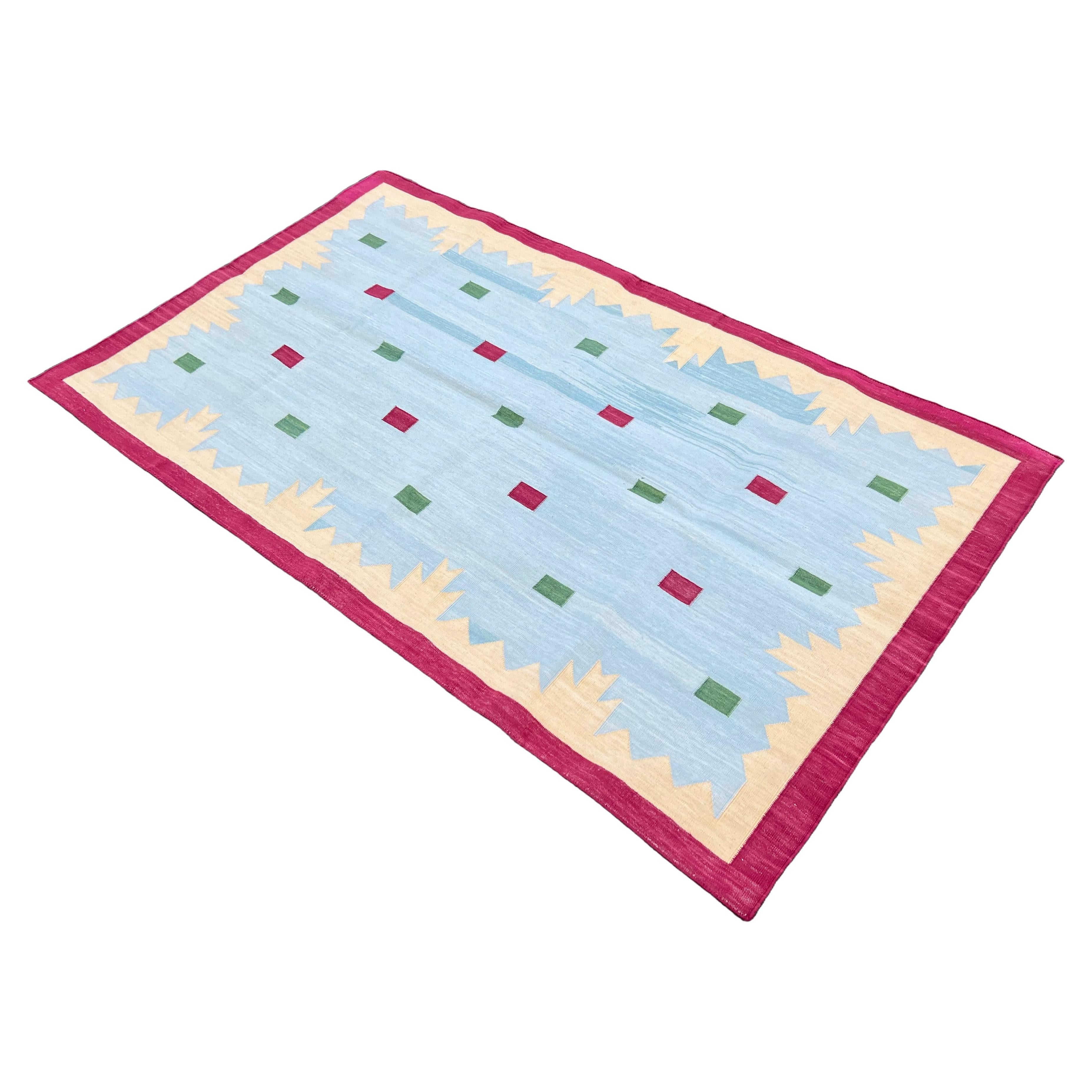 Handmade Cotton Area Flat Weave Rug, 3x5 Blue Pink Geometric Star Indian Dhurrie