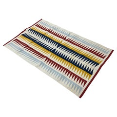 Alfombra de Algodón de Tejido Plano, 3x5 Azul, Rojo, Crema Dhurrie Diamante Indio