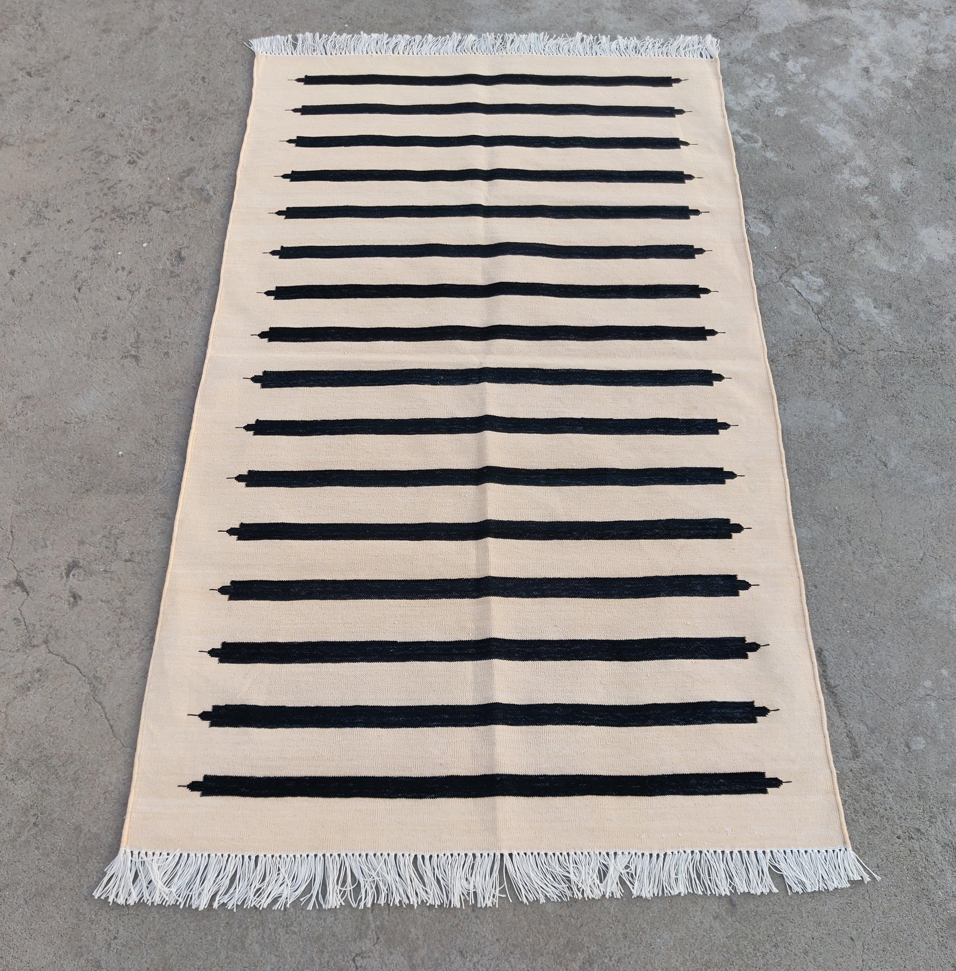 Hand-Woven Handmade Cotton Area Flat Weave Rug, 3x5 Cream And Black Striped Indian Dhurrie For Sale