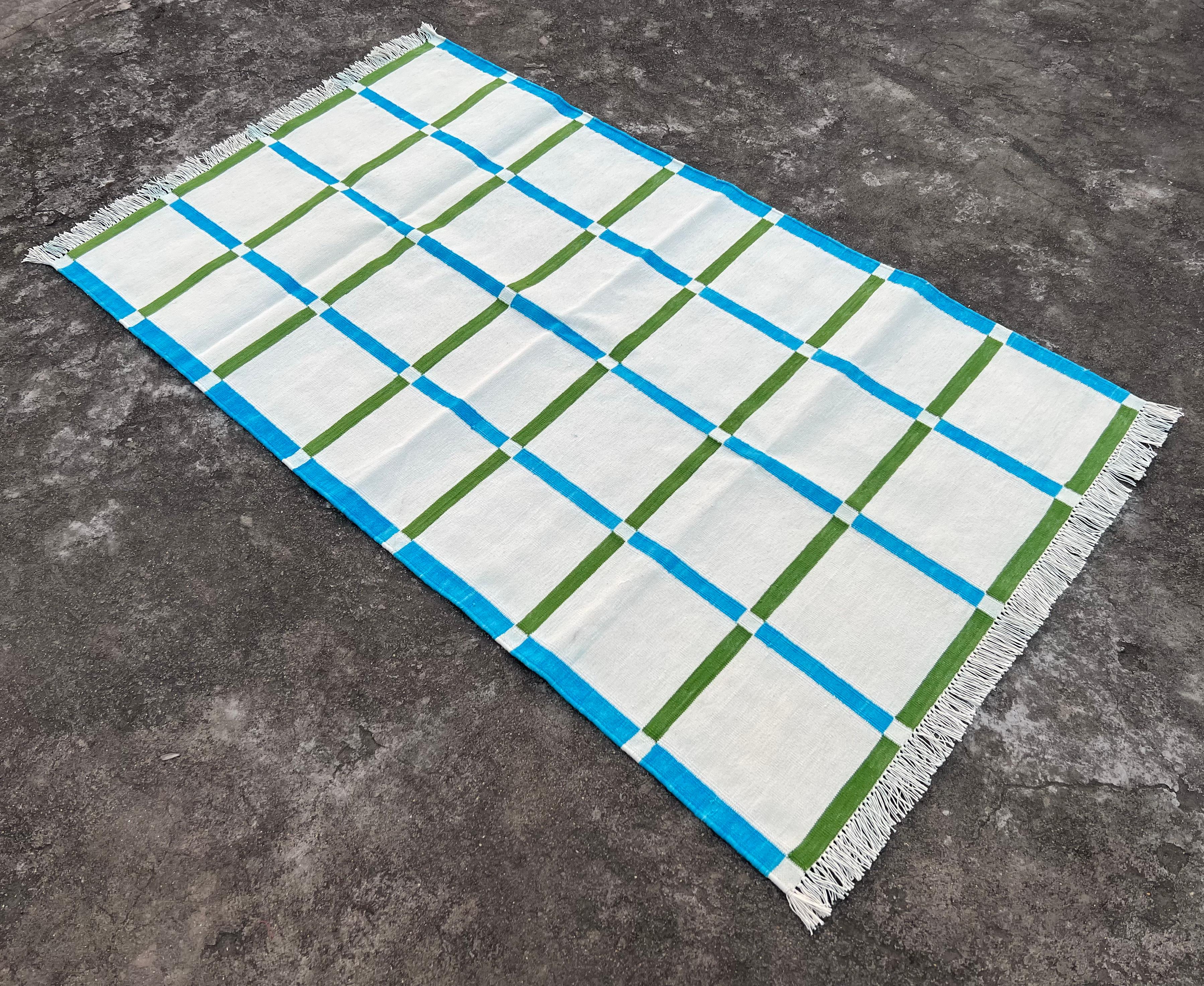 Cotton Vegetable Dyed Cream, Blue And Green Windowpane Checked Indian Dhurrie Rug-36