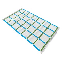 Tapis de sol en coton fait main, 3x5 Cream And Green Checked Indian Dhurrie