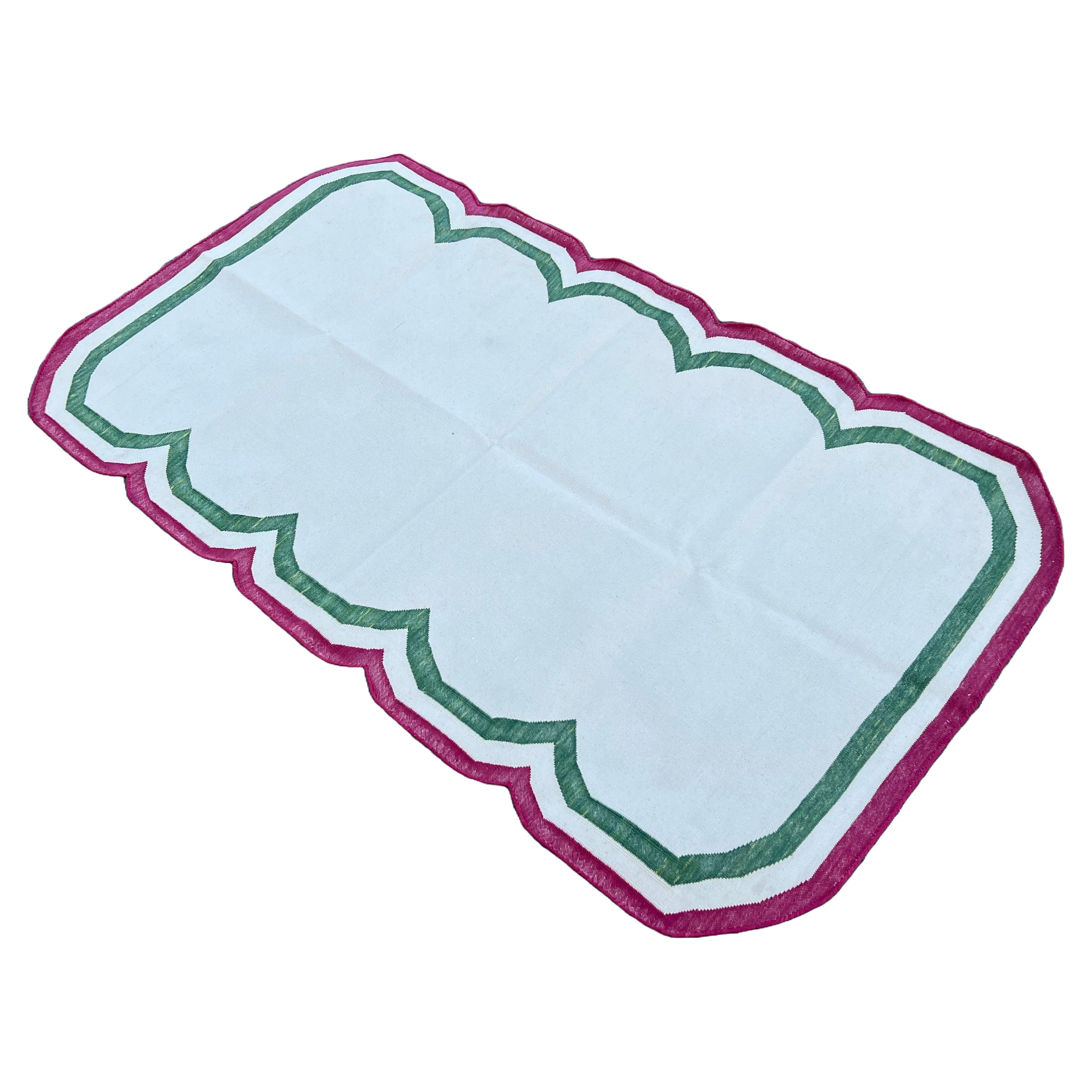 Handmade Cotton Area Flat Weave Rug, 3x5 Cream And Pink Scalloped Indian Dhurrie