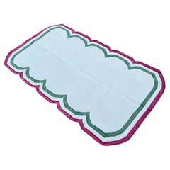 Handmade Cotton Area Flat Weave Rug, 3x5 Cream And Pink Scalloped Indian Dhurrie