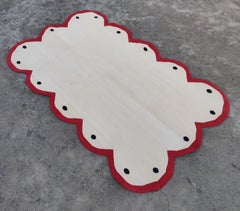 Handmade Cotton Area Flat Weave Rug, 3x5 Cream And Red Scalloped Indian Dhurrie