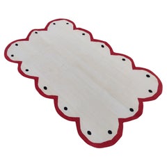 Handmade Cotton Area Flat Weave Rug, 3x5 Cream And Red Scalloped Indian Dhurrie