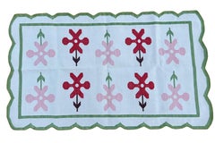 Handmade Cotton Area Flat Weave Rug, 3x5 Cream, Green, Red Flower Indian Dhurrie