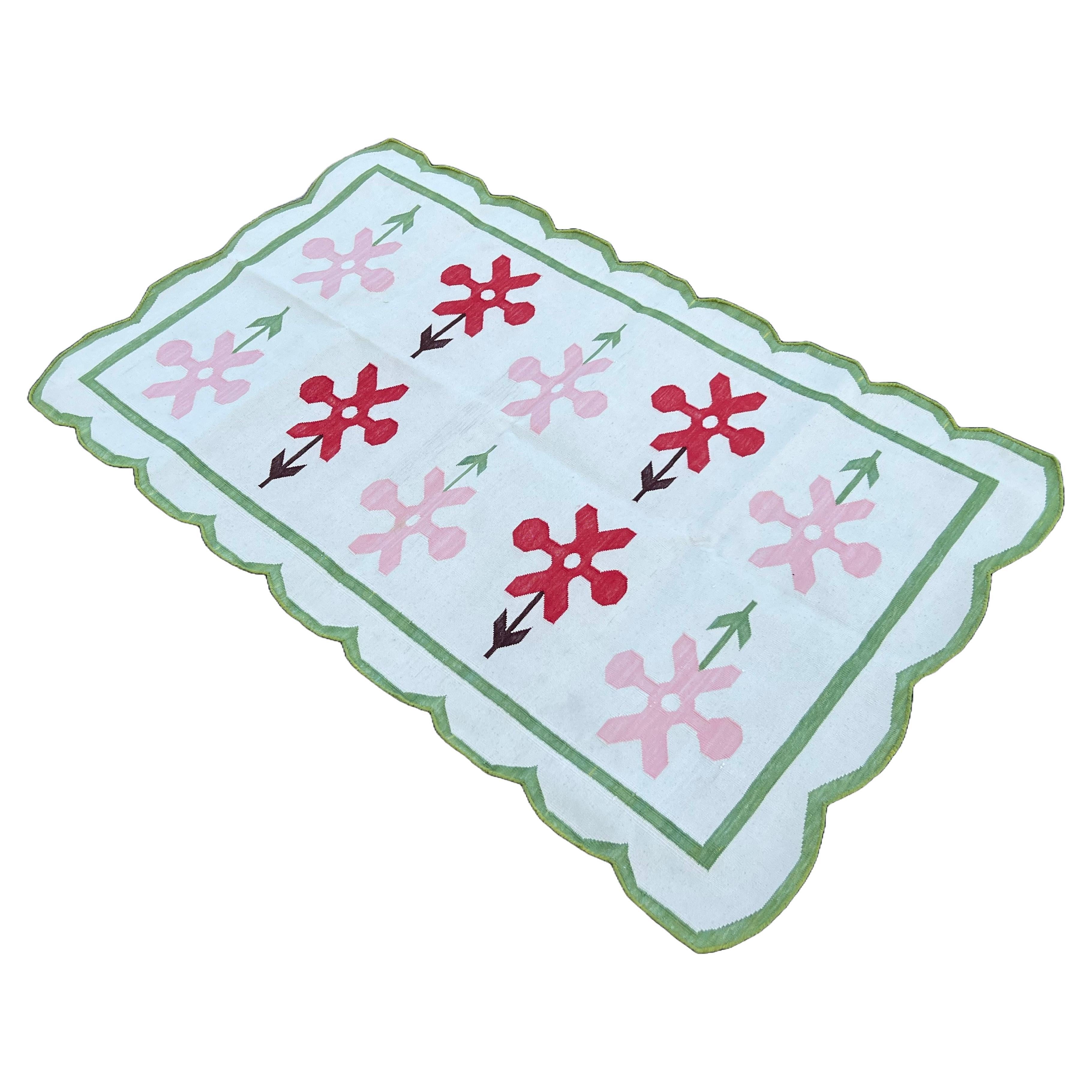 Handmade Cotton Area Flat Weave Rug, 3x5 Cream, Green, Red Flower Indian Dhurrie