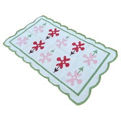 Handmade Cotton Area Flat Weave Rug, 3x5 Cream, Green, Red Flower Indian Dhurrie