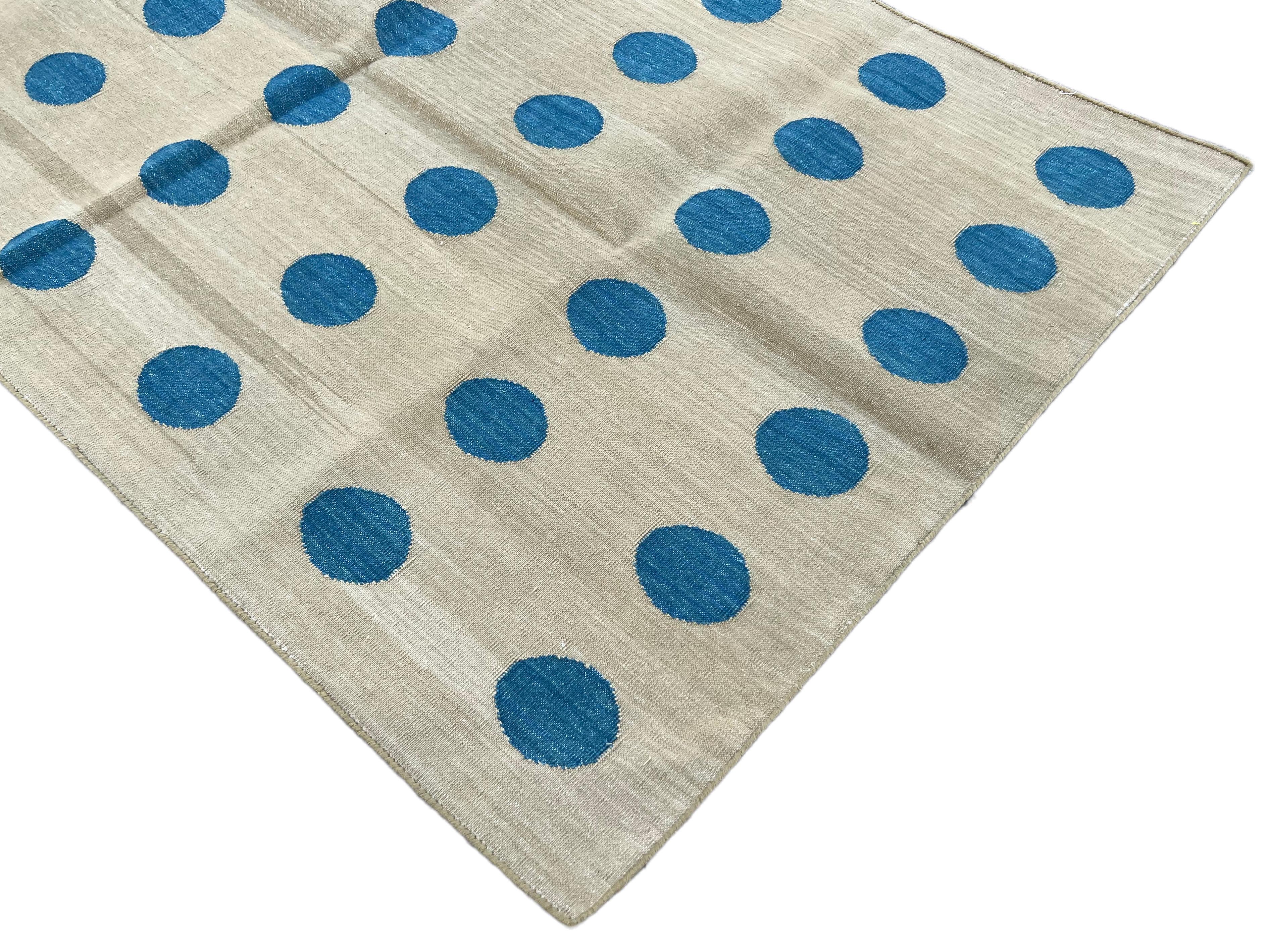 Mid-Century Modern Handmade Cotton Area Flat Weave Rug, 3x5 Green And Blue Ball Indian Dhurrie Rug For Sale
