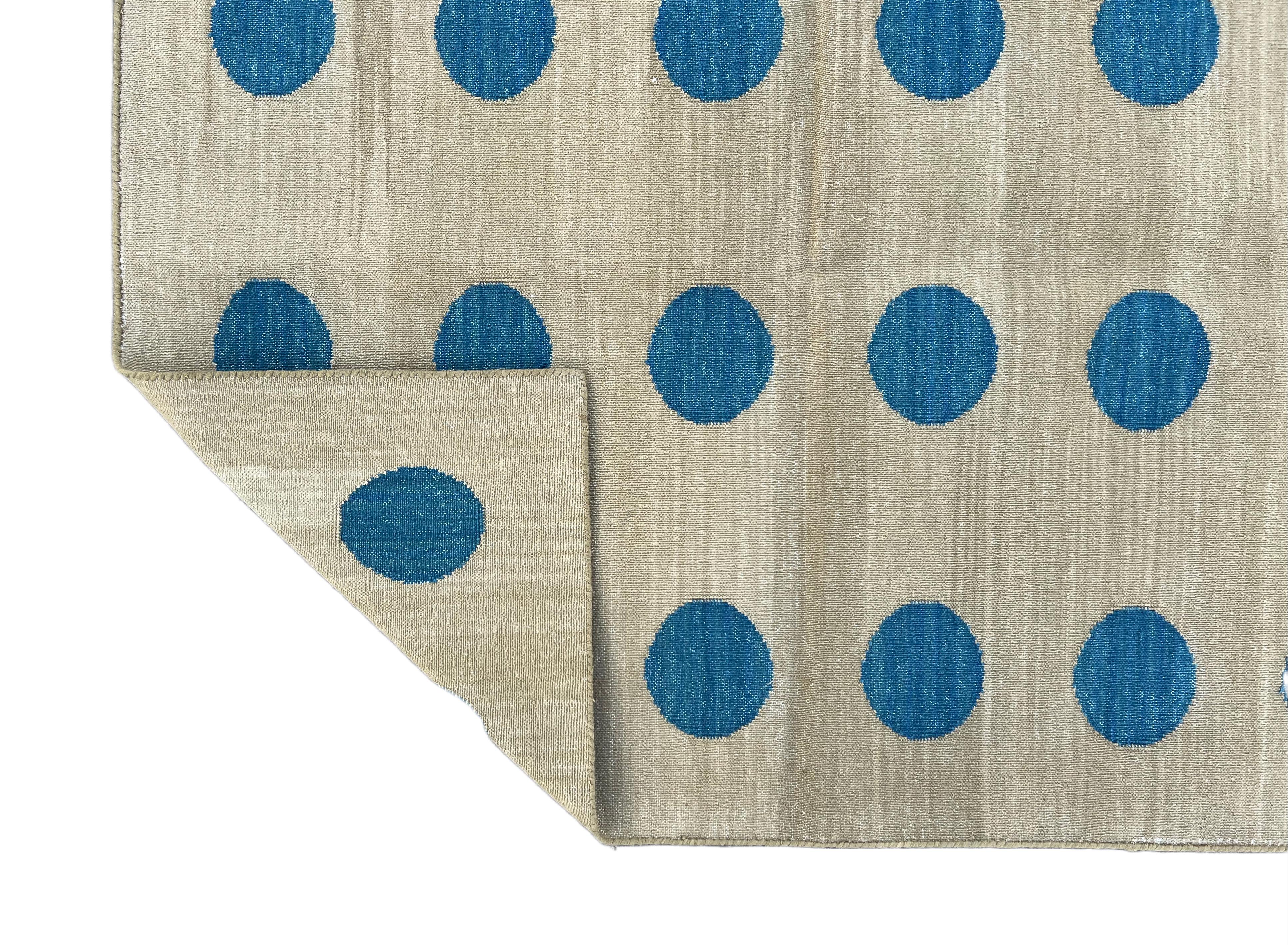 Contemporary Handmade Cotton Area Flat Weave Rug, 3x5 Green And Blue Ball Indian Dhurrie Rug For Sale