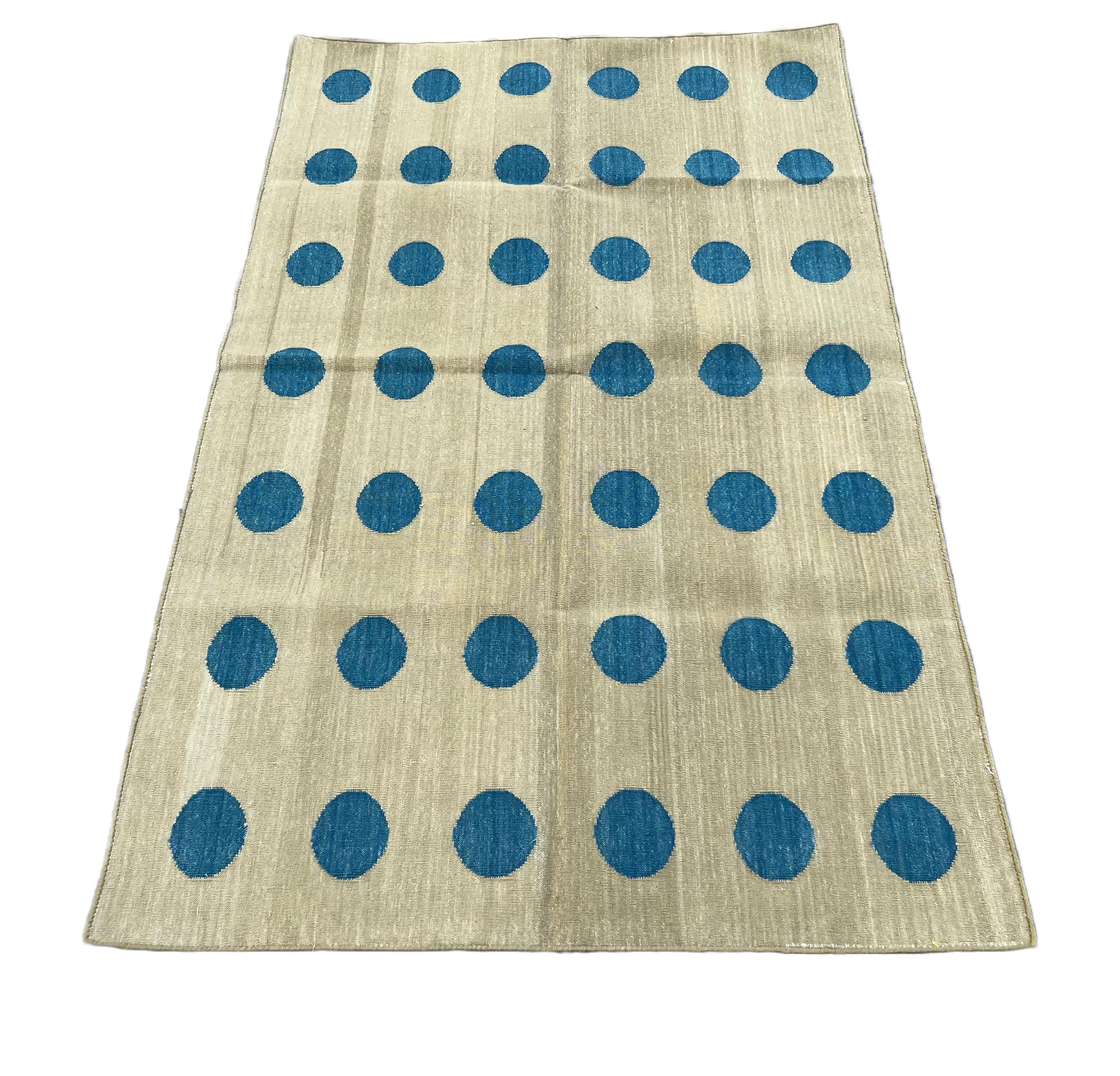 Handmade Cotton Area Flat Weave Rug, 3x5 Green And Blue Ball Indian Dhurrie Rug For Sale 1
