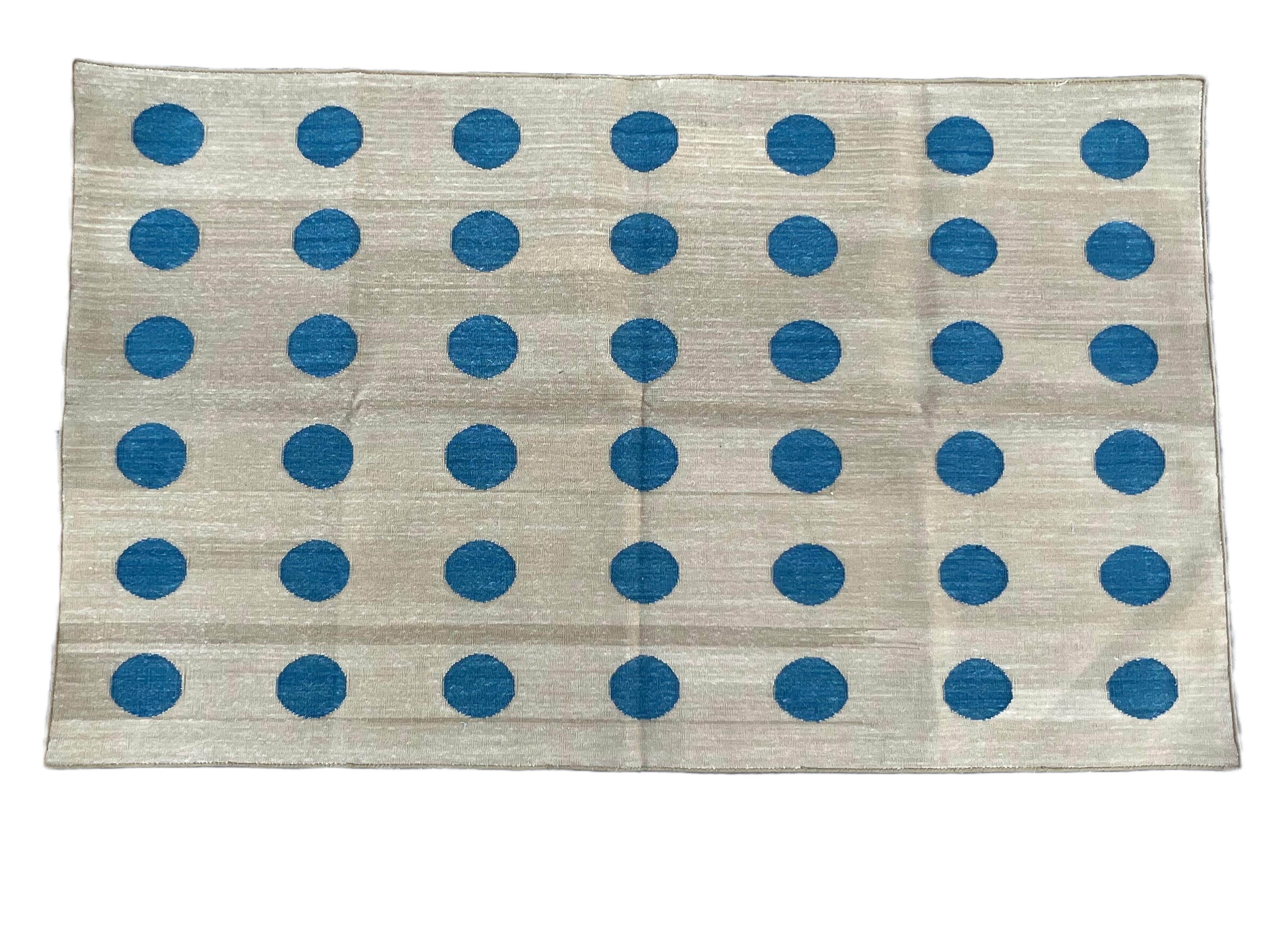 Handmade Cotton Area Flat Weave Rug, 3x5 Green And Blue Ball Indian Dhurrie Rug For Sale 3