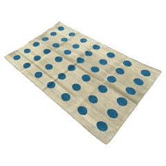 Handmade Cotton Area Flat Weave Rug, 3x5 Green And Blue Ball Indian Dhurrie Rug