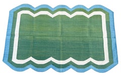 Handmade Cotton Area Flat Weave Rug, 3x5 Green And Blue Scalloped Kilim Dhurrie