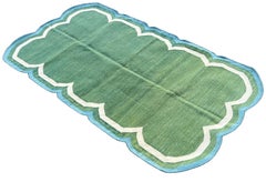 Handmade Cotton Area Flat Weave Rug, 3x5 Green And Blue Scalloped Kilim Dhurrie