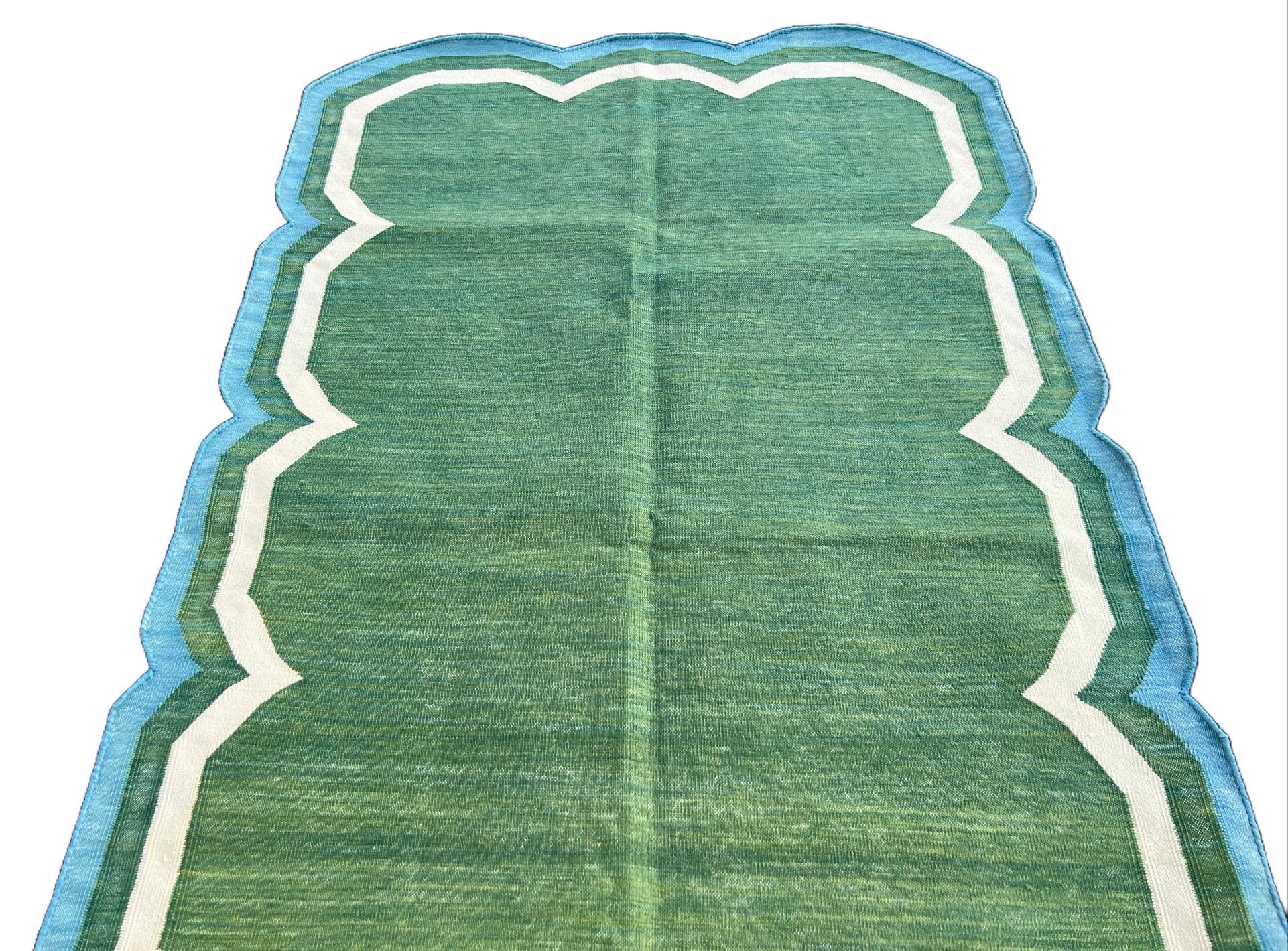 Contemporary Handmade Cotton Area Flat Weave Rug, 3x5 Green And Blue Scalloped Kilim Dhurrie For Sale