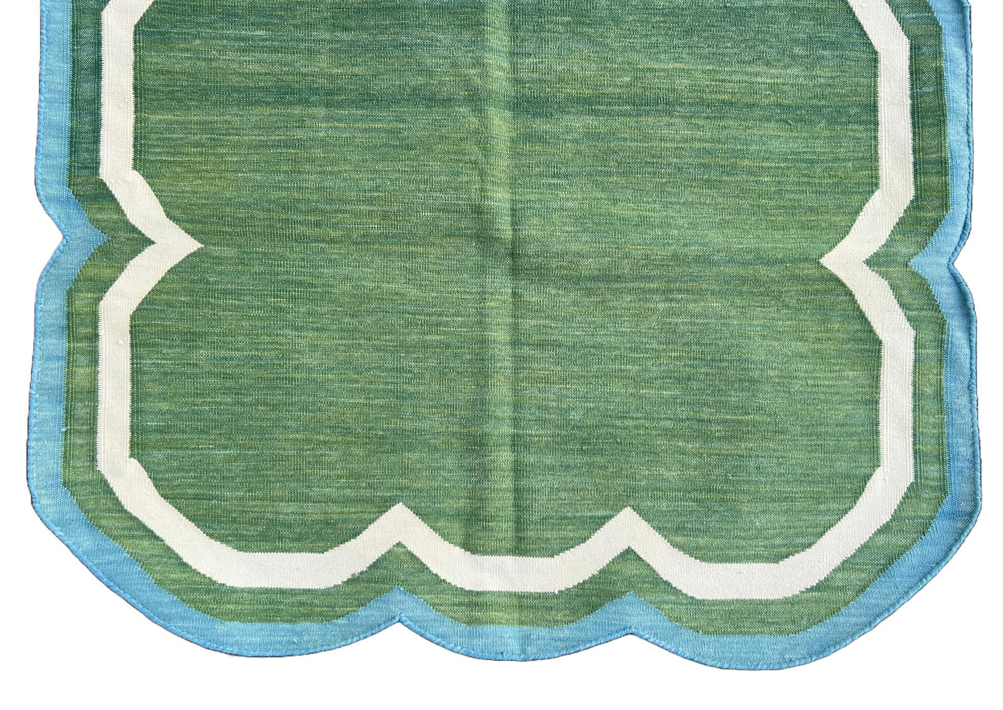 Handmade Cotton Area Flat Weave Rug, 3x5 Green And Blue Scalloped Kilim Dhurrie For Sale 1