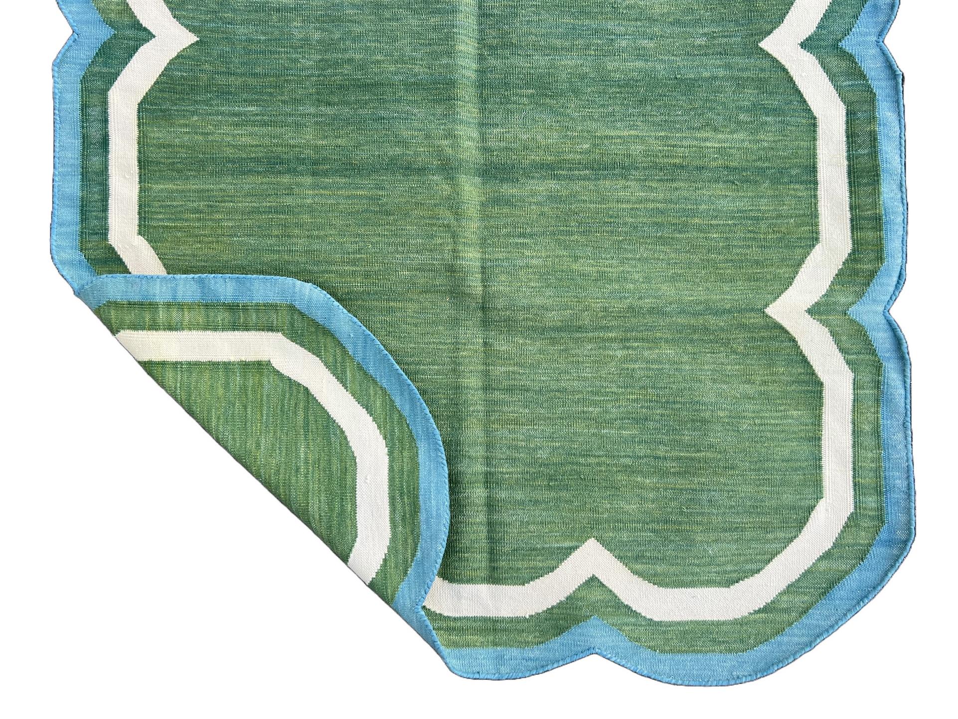 Handmade Cotton Area Flat Weave Rug, 3x5 Green And Blue Scalloped Kilim Dhurrie For Sale 2