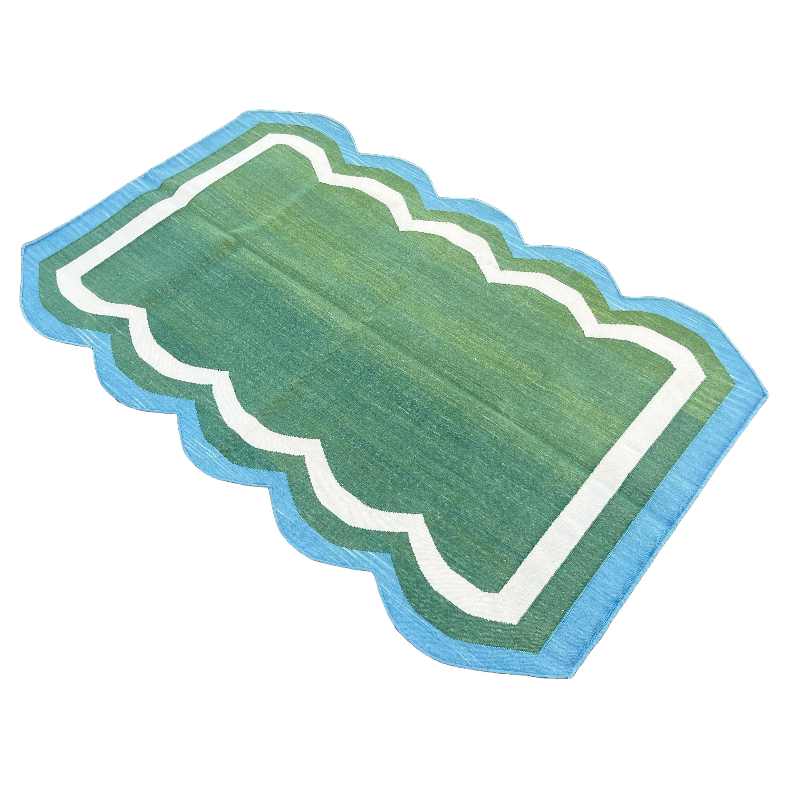Handmade Cotton Area Flat Weave Rug, 3x5 Green And Blue Scalloped Kilim Dhurrie For Sale