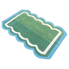 Tapis Kilim Dhurrie à tissage plat fait à la main, 3x5 vert et bleu festonné