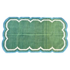 Handgefertigter Flachgewebe-Teppich aus Baumwolle, 3x5 Grüner und blauer gewellter Kelim Dhurrie mit Wellenschliff