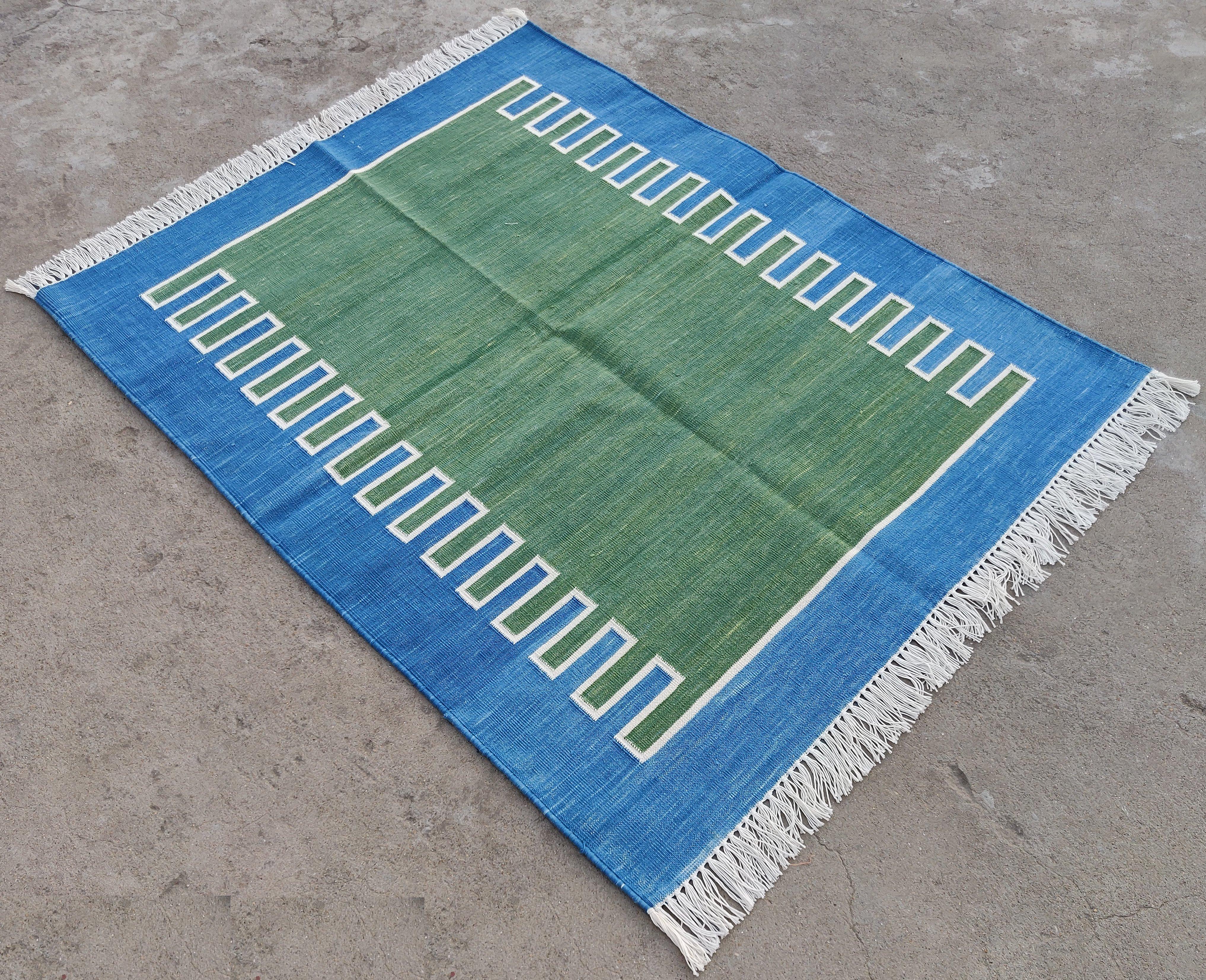 Cotton Vegetable Dyed Forest Green, Cream And Blue Zig Zag Striped Indian Dhurrie Rug-3'x5' 
These special flat-weave dhurries are hand-woven with 15 ply 100% cotton yarn. Due to the special manufacturing techniques used to create our rugs, the size