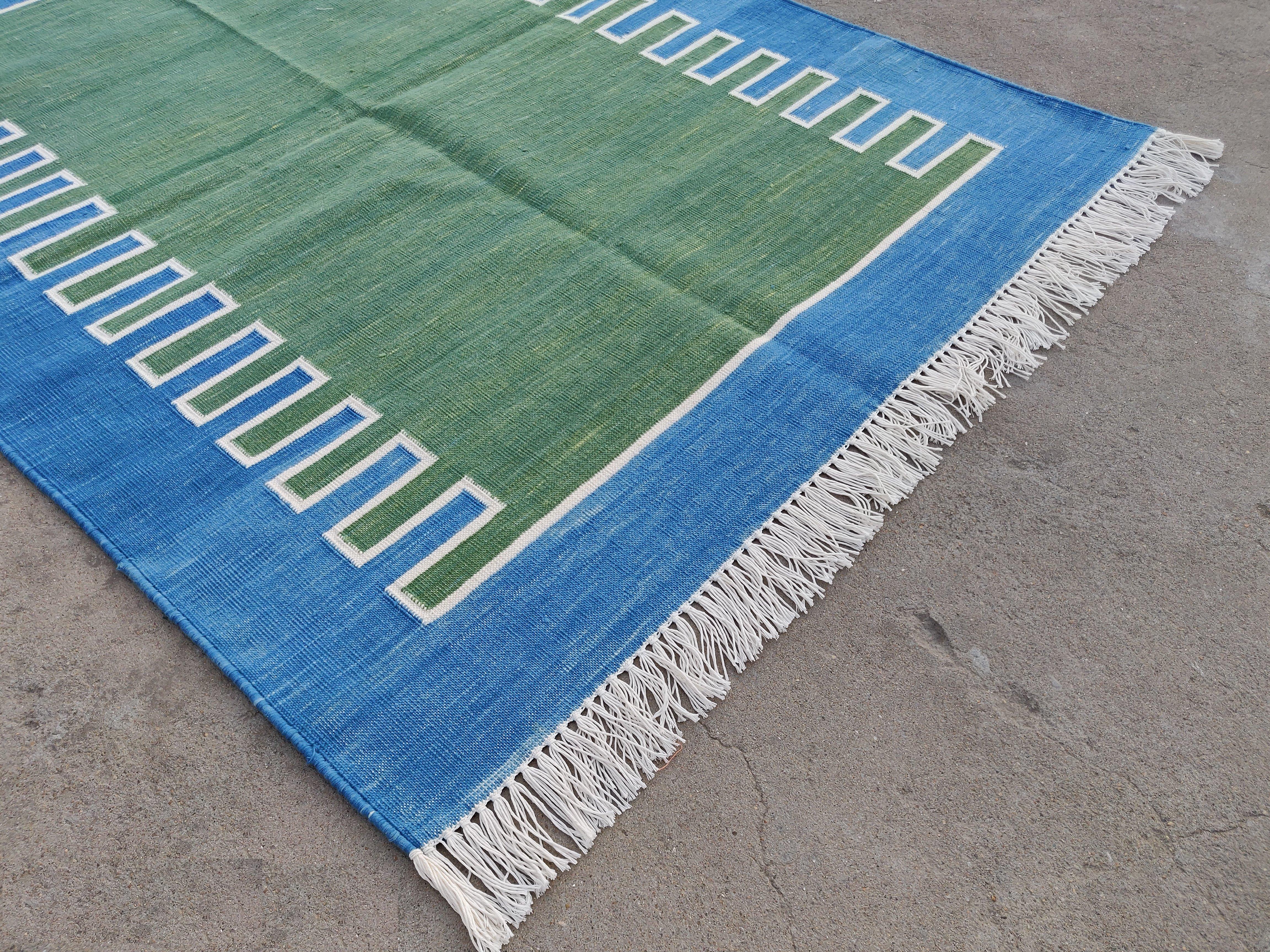 Mid-Century Modern Handmade Cotton Area Flat Weave Rug, 3x5 Green And Blue Striped Indian Dhurrie For Sale