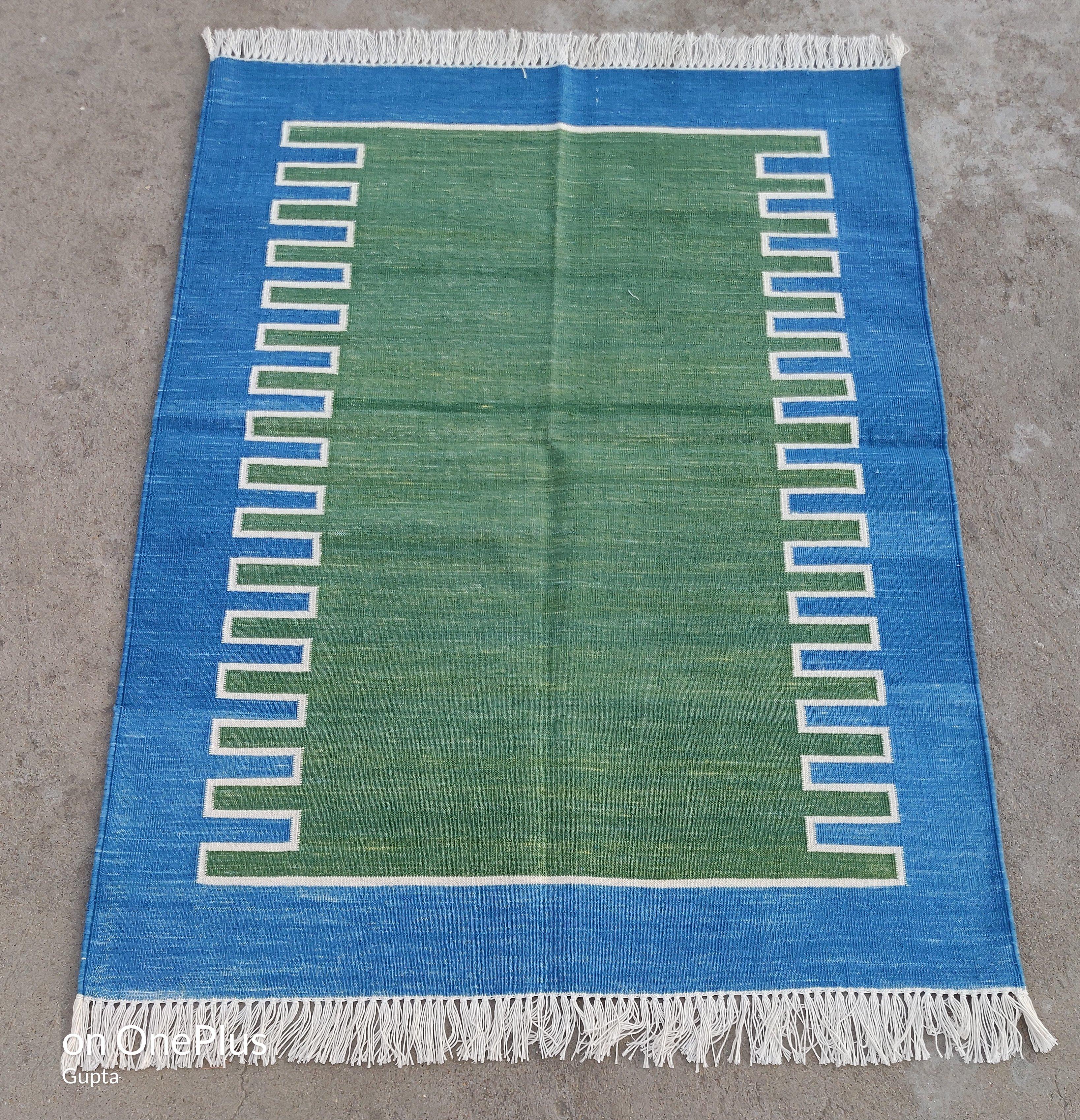 Hand-Woven Handmade Cotton Area Flat Weave Rug, 3x5 Green And Blue Striped Indian Dhurrie For Sale