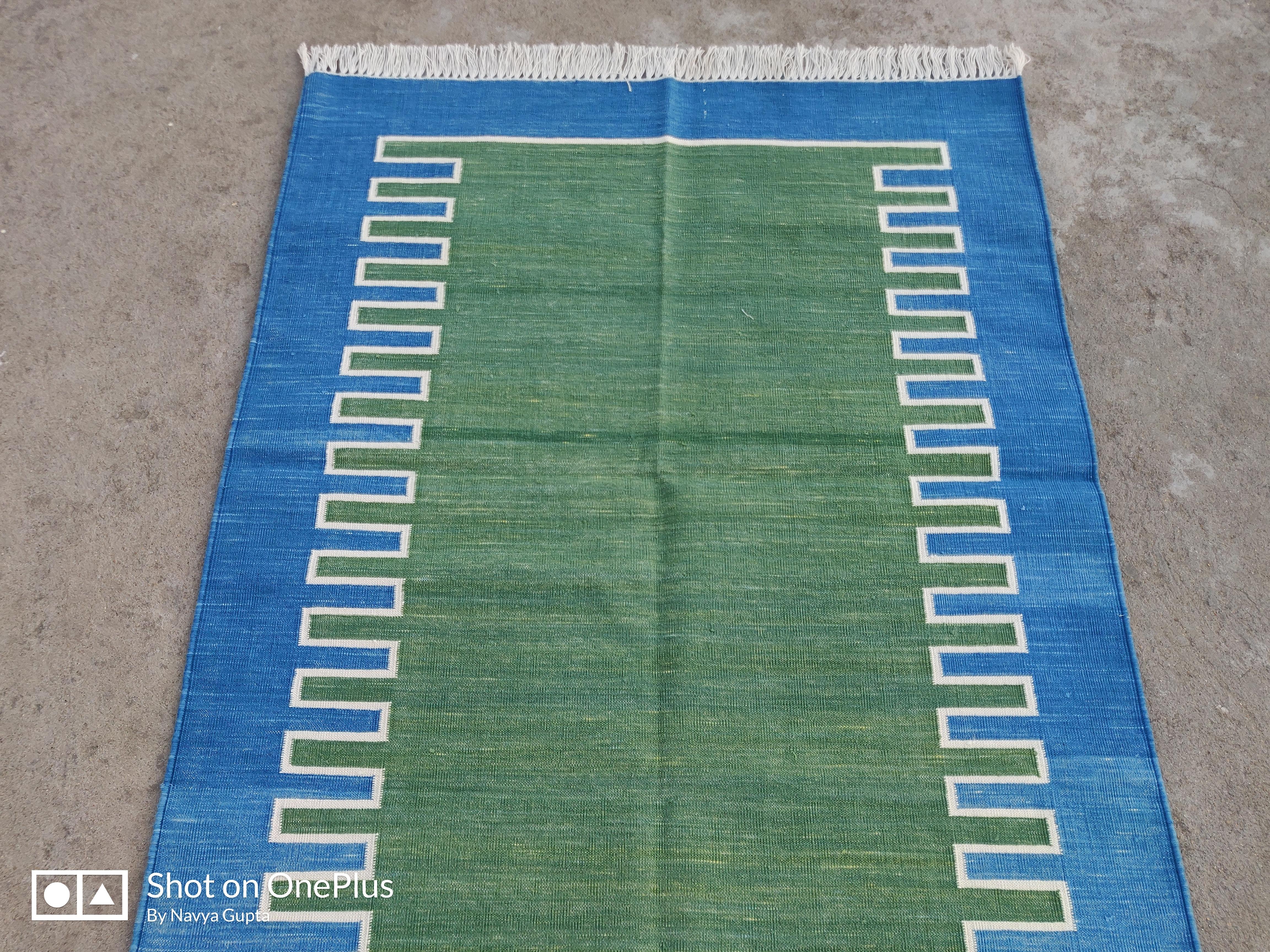 Handmade Cotton Area Flat Weave Rug, 3x5 Green And Blue Striped Indian Dhurrie In New Condition For Sale In Jaipur, IN