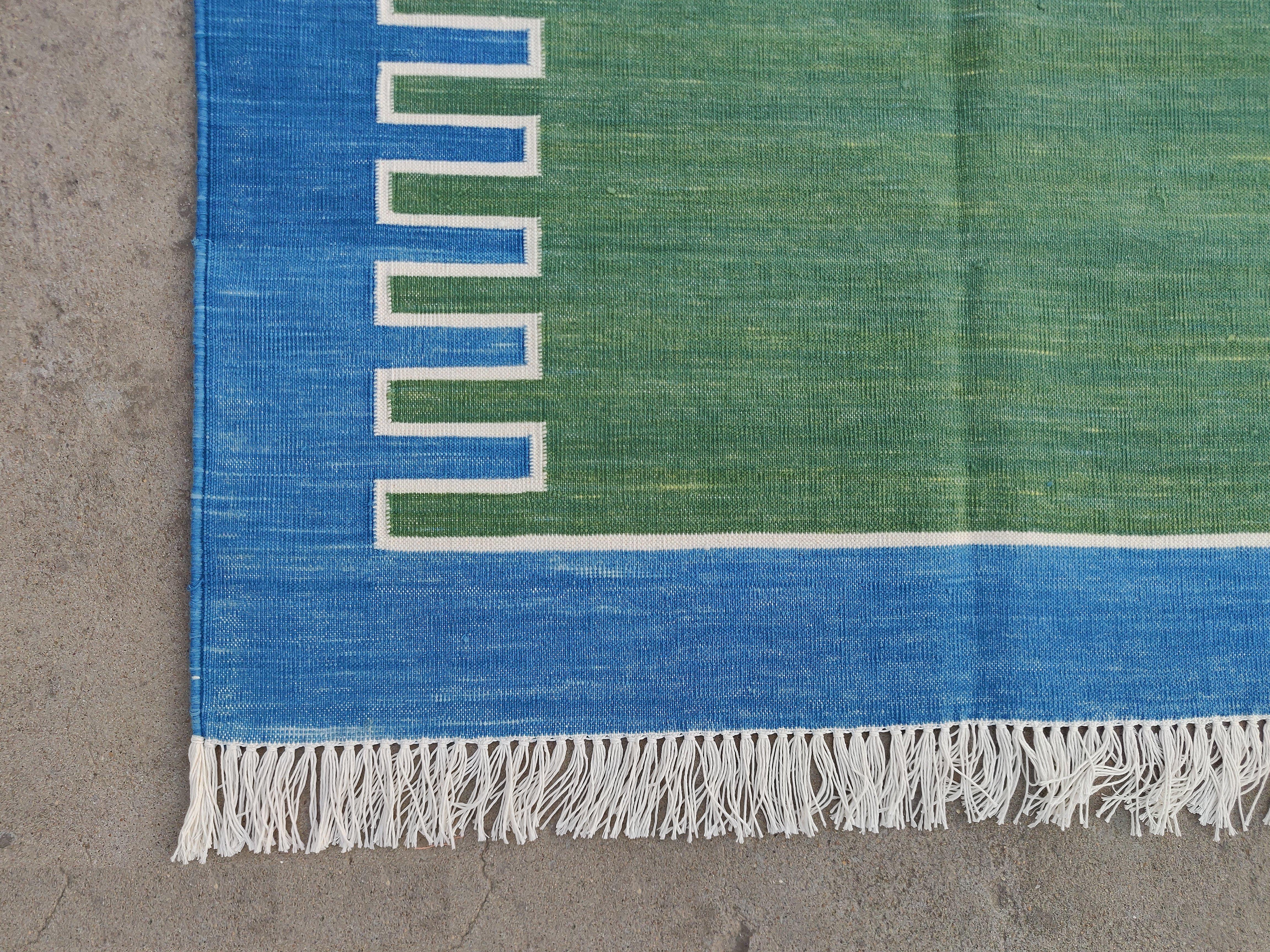 Contemporary Handmade Cotton Area Flat Weave Rug, 3x5 Green And Blue Striped Indian Dhurrie For Sale