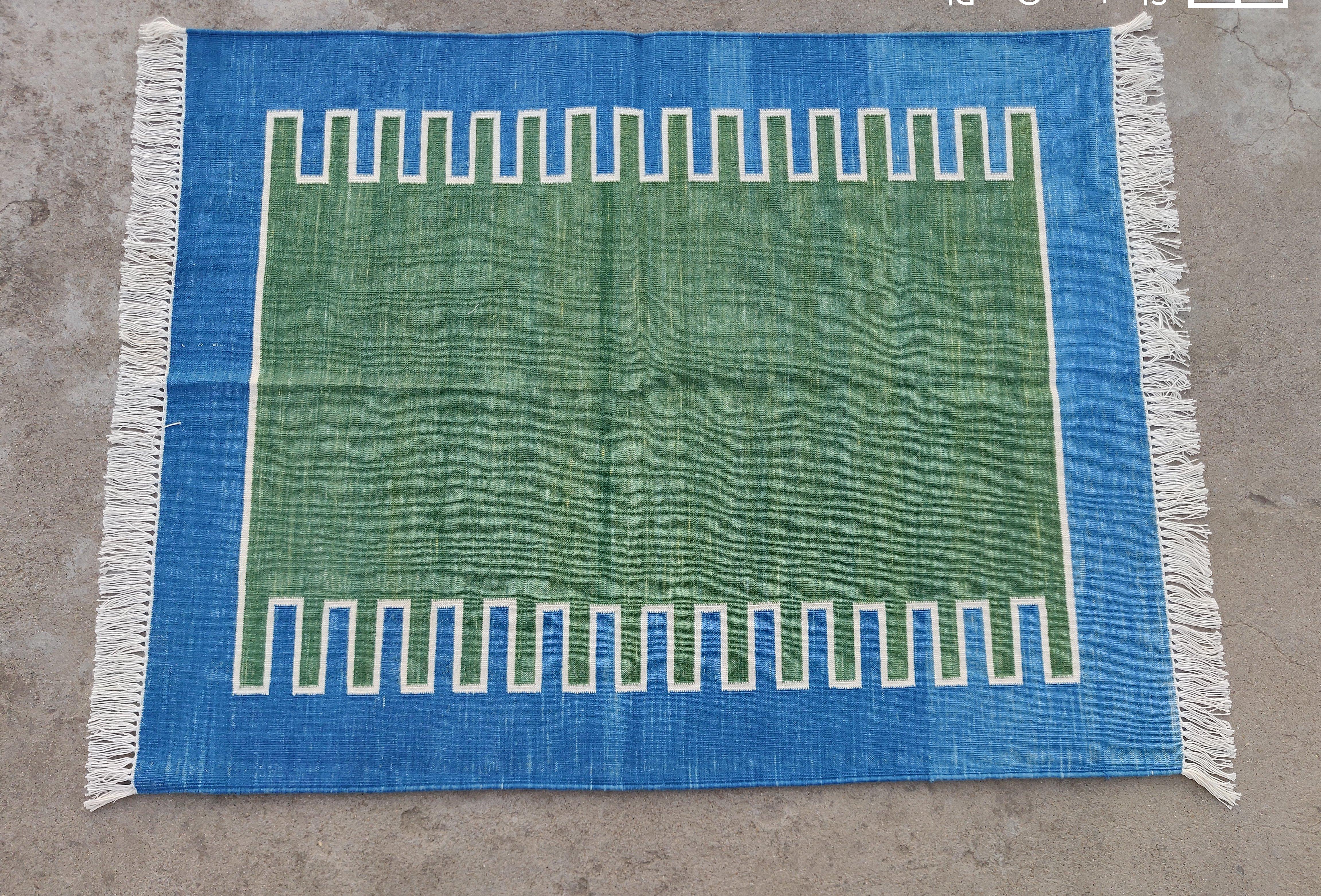 Handmade Cotton Area Flat Weave Rug, 3x5 Green And Blue Striped Indian Dhurrie For Sale 2