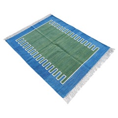 Handgefertigter Flachgewebe-Teppich aus Baumwolle, 3x5 Grün und Blau gestreifter indischer Dhurrie