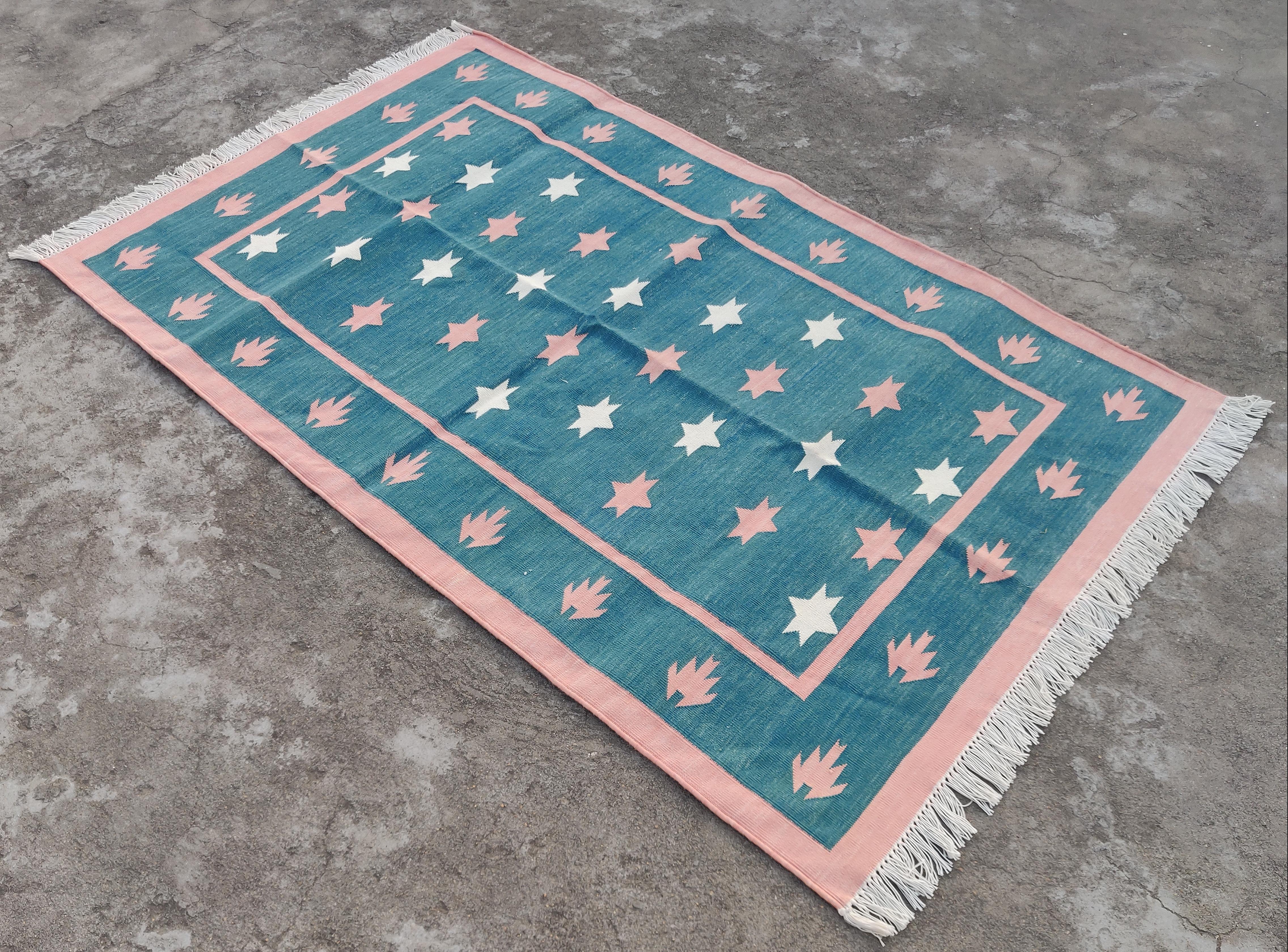 Cotton Vegetable Dyed Forest Green, Cream And Coral Star Indian Dhurrie Rug-36