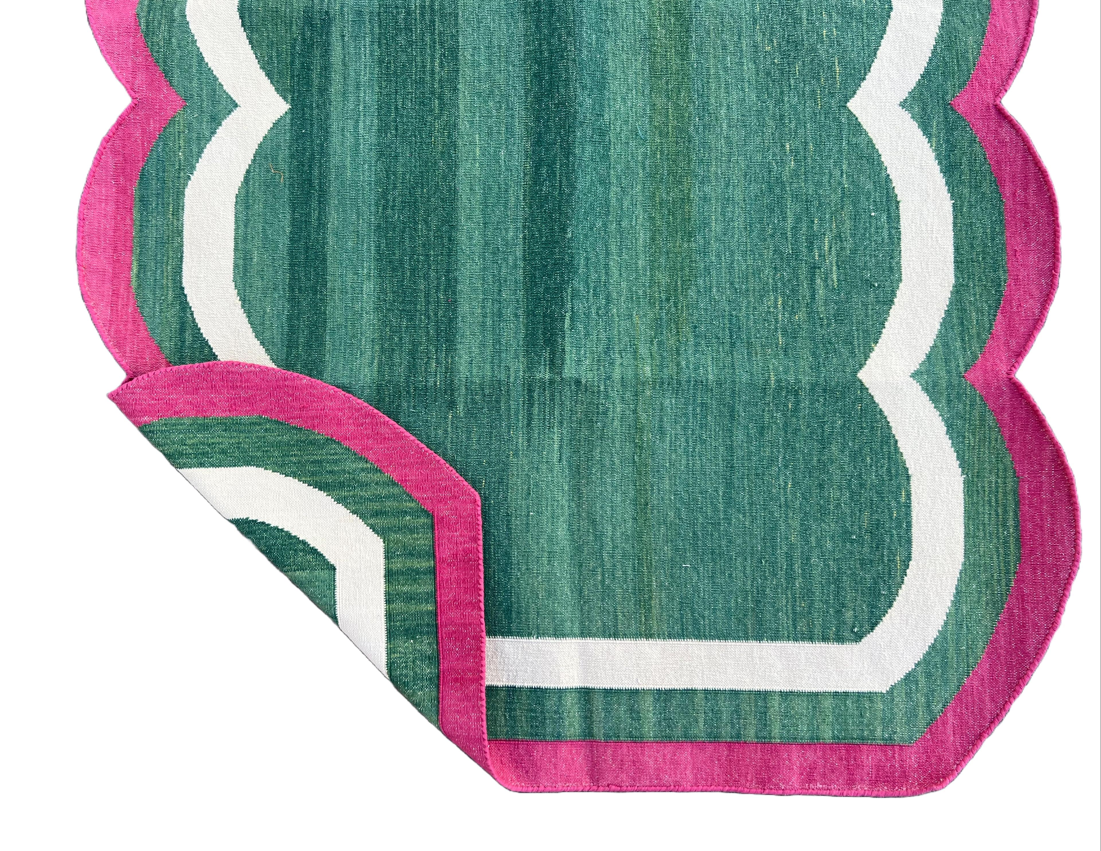 Cotton Vegetable Dyed Forest Green, Cream And Raspberry Pink Scalloped Striped Indian Dhurrie Rug-3'x5' (Scallops runs on 5' sides)

These special flat-weave dhurries are hand-woven with 15 ply 100% cotton yarn. Due to the special manufacturing