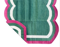 Handmade Cotton Area Flat Weave Rug, 3x5 Green And Pink Scalloped Indian Dhurrie
