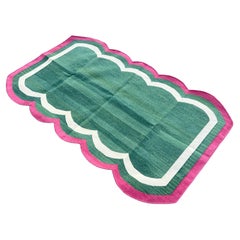 Handgefertigter Flachgewebe-Teppich aus Baumwolle, 3x5 Grüner und rosafarbener indischer Dhurrie mit Wellenschliff