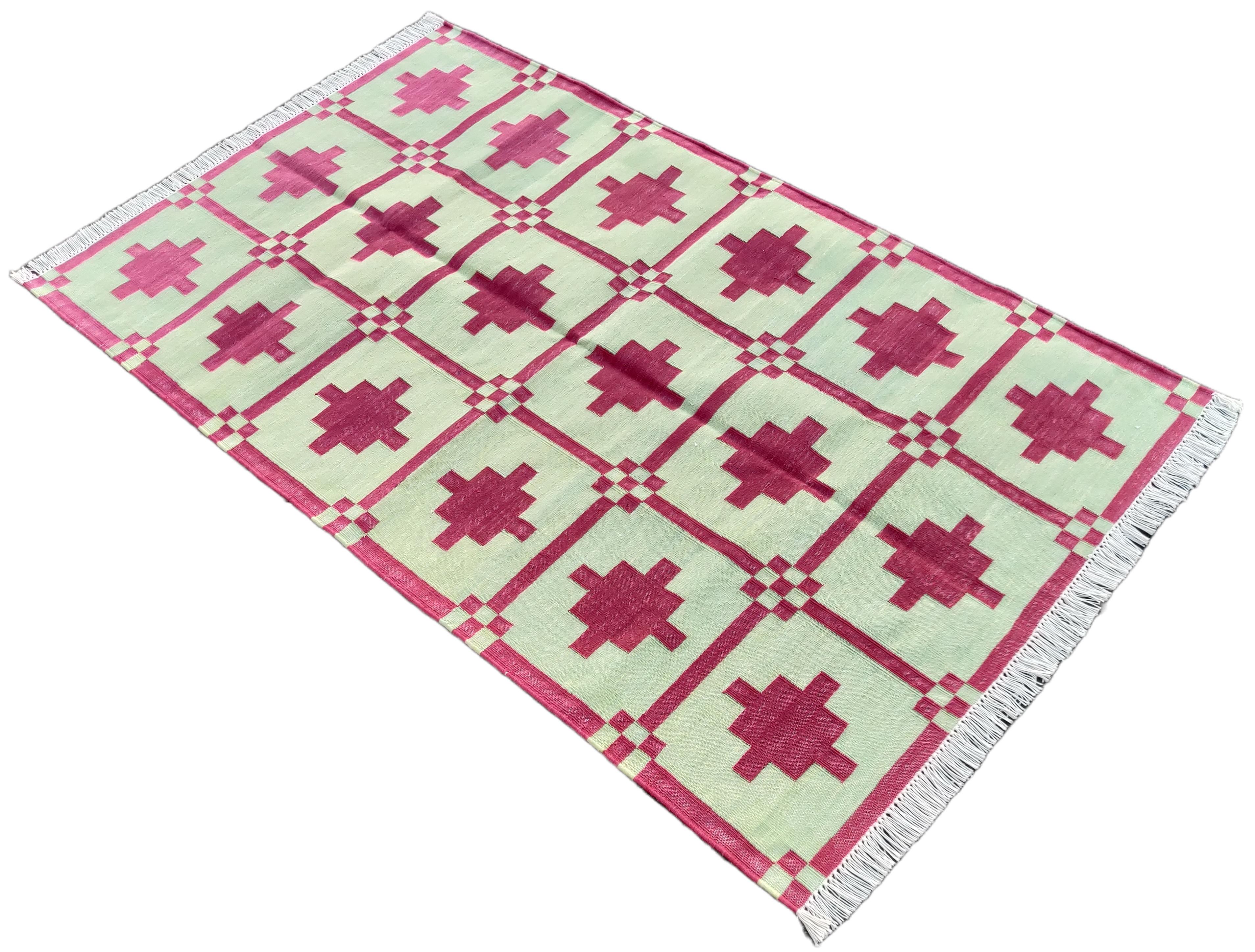Cotton Vegetable Dyed Light Green And Pink Star Patterned Indian Dhurrie Rug-36