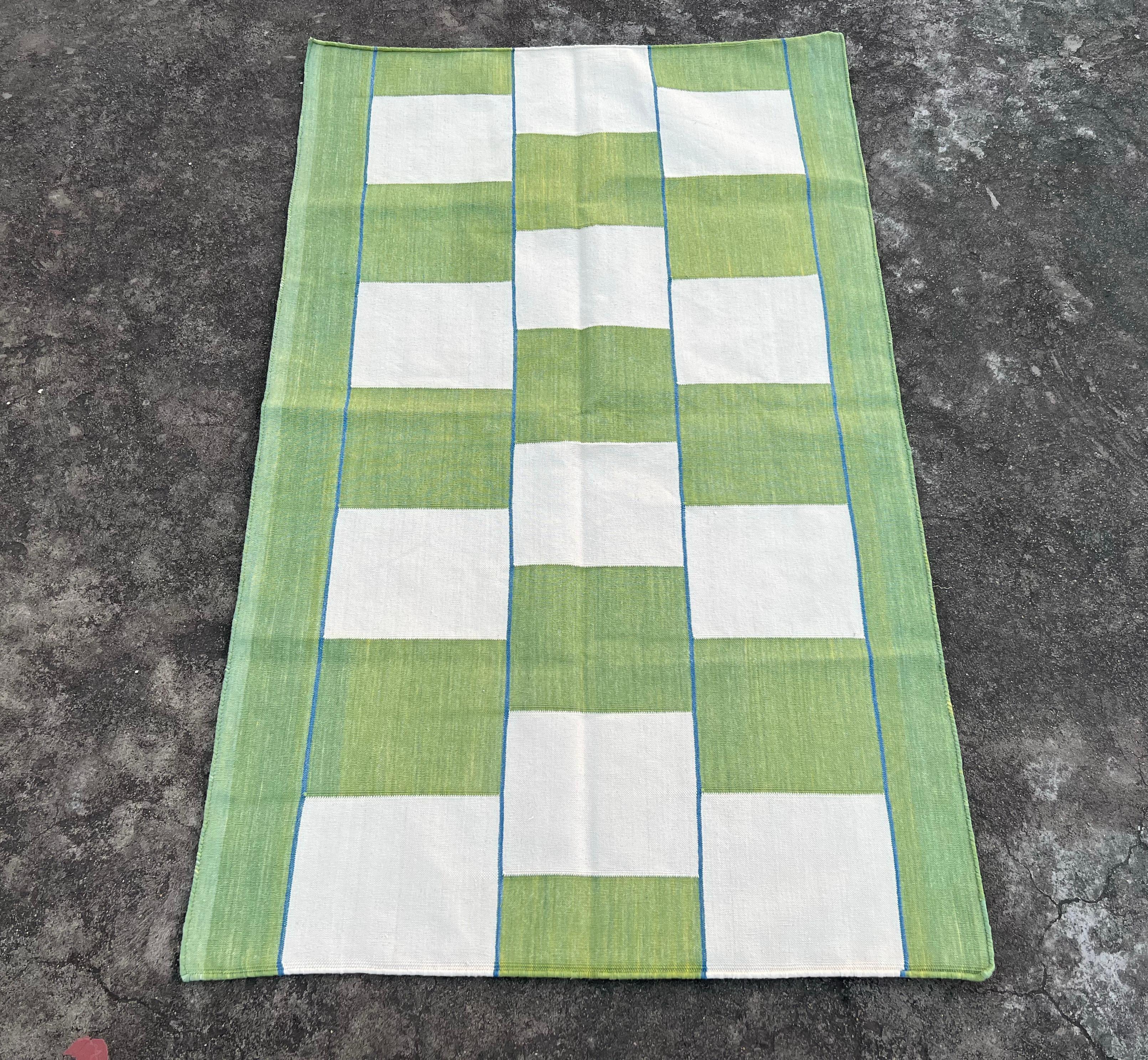 Contemporary Handmade Cotton Area Flat Weave Rug, 3x5 Green And White Checked Indian Dhurrie For Sale